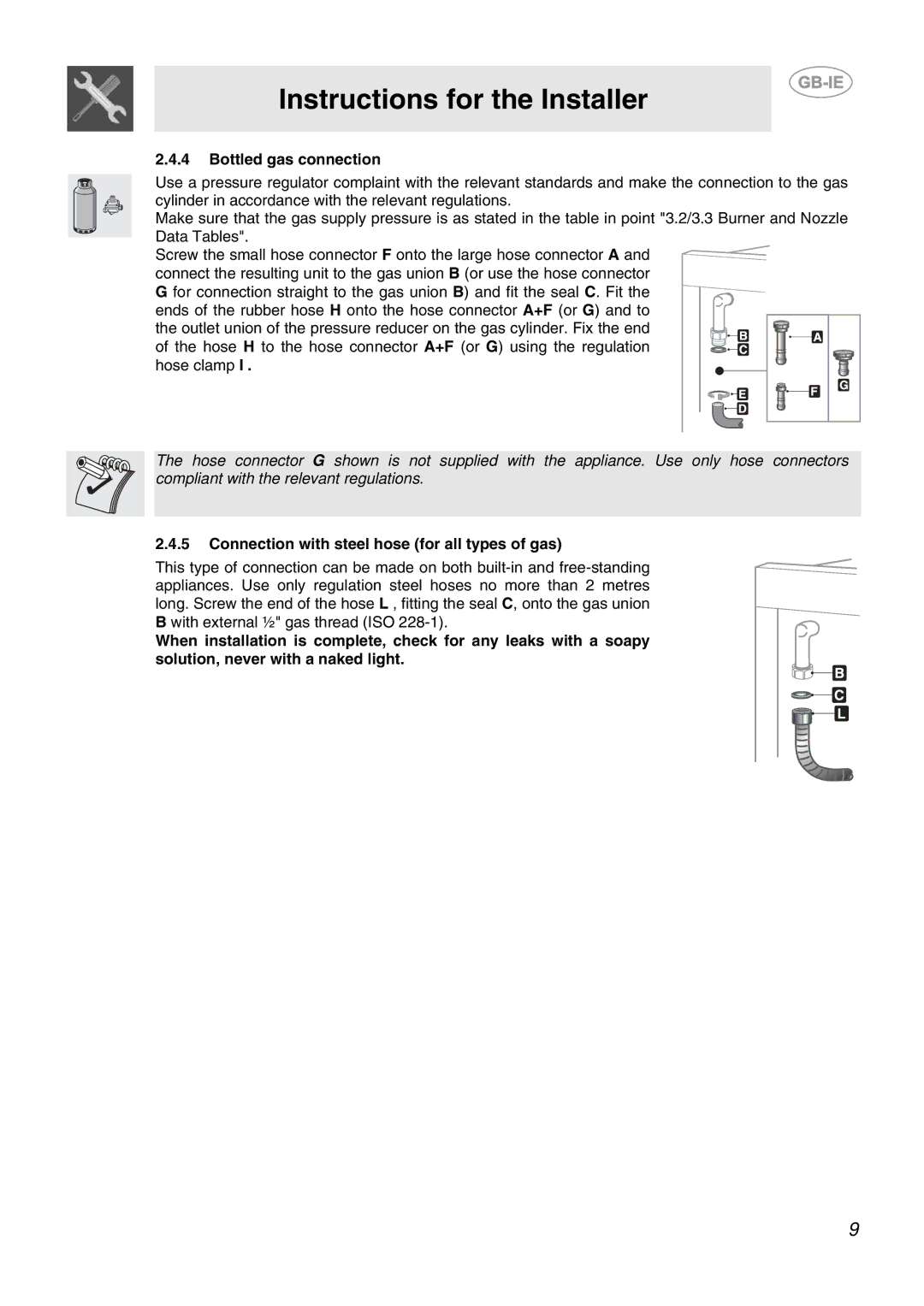 Smeg CB61VES manual Bottled gas connection, Connection with steel hose for all types of gas 