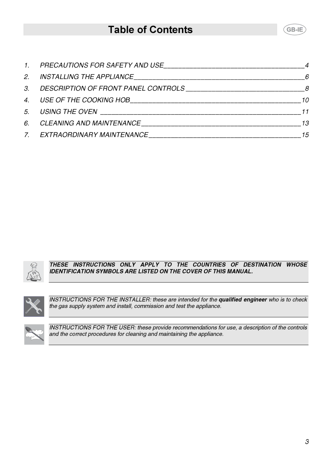 Smeg CB66CES1 manual Table of Contents 