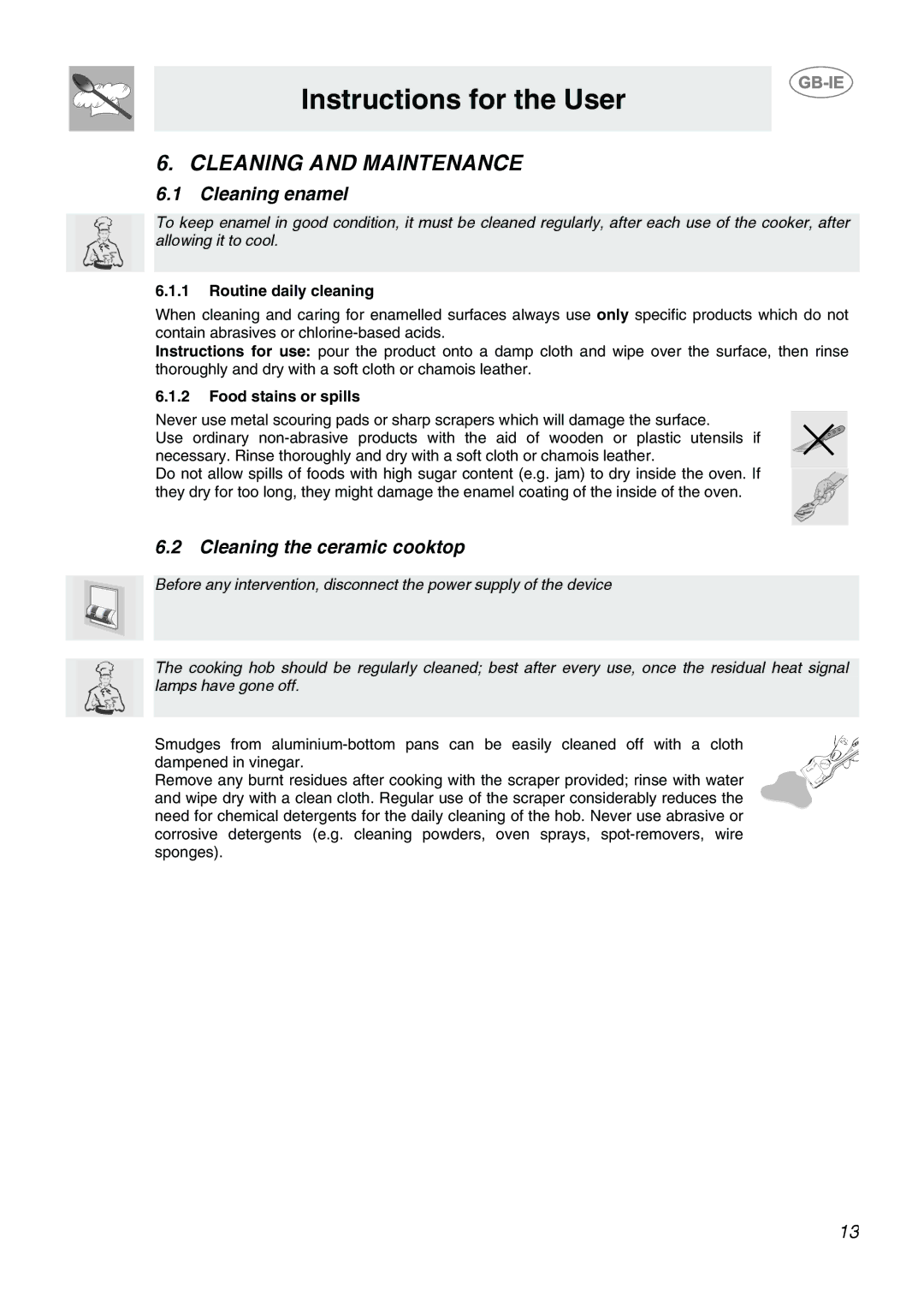 Smeg CB66CES1 manual Cleaning and Maintenance, Cleaning enamel, Cleaning the ceramic cooktop, Routine daily cleaning 