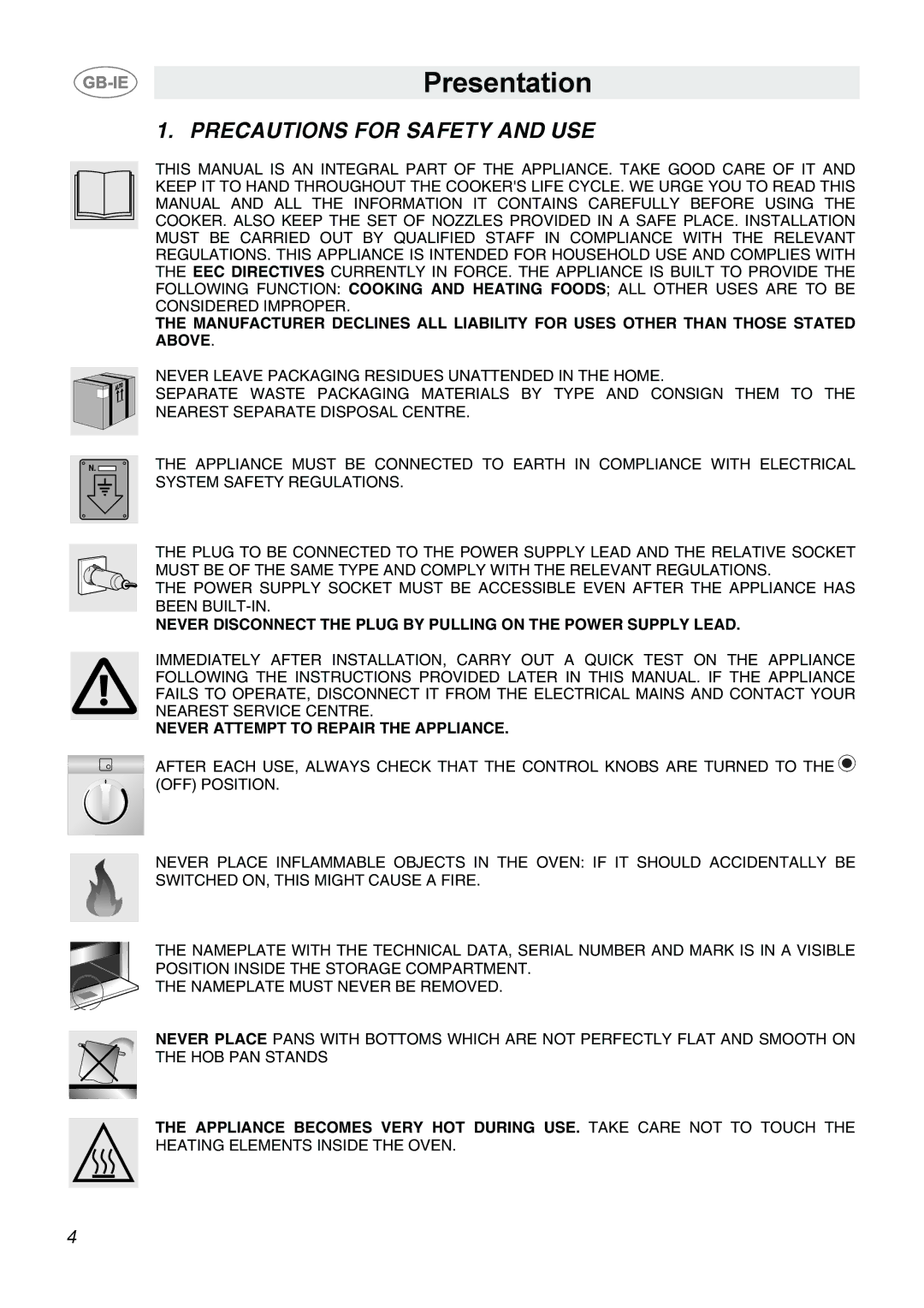 Smeg CB66CES1 manual Precautions for Safety and USE, Never Attempt to Repair the Appliance 