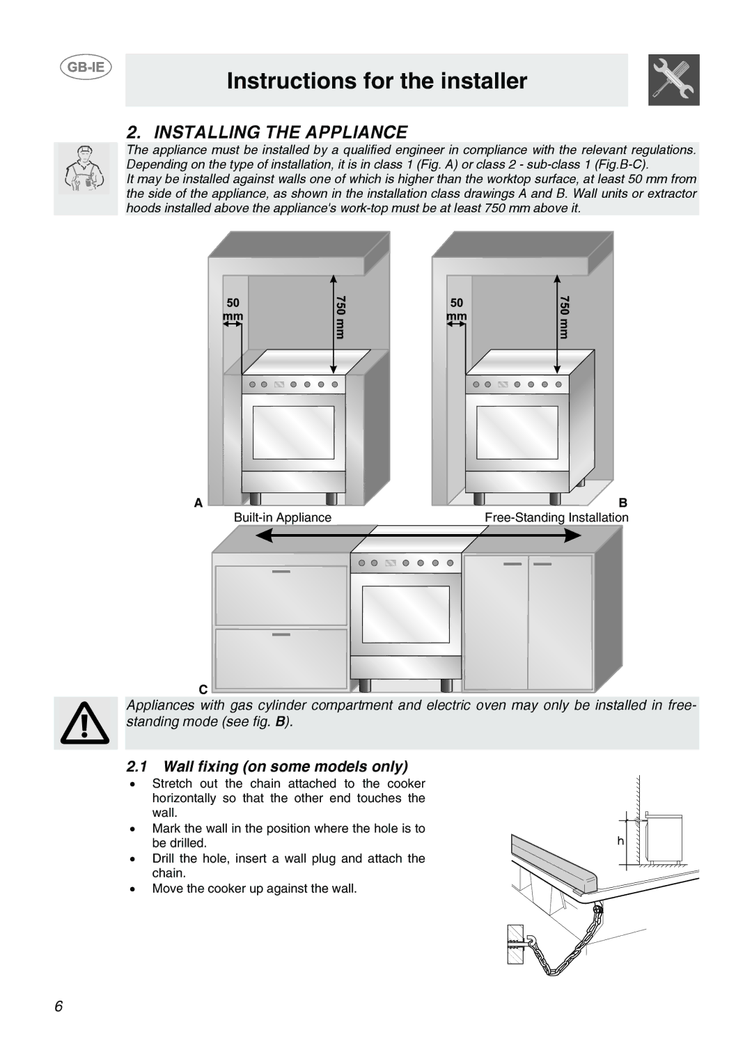 Smeg CB66CES1 manual Installing the Appliance, Wall fixing on some models only 