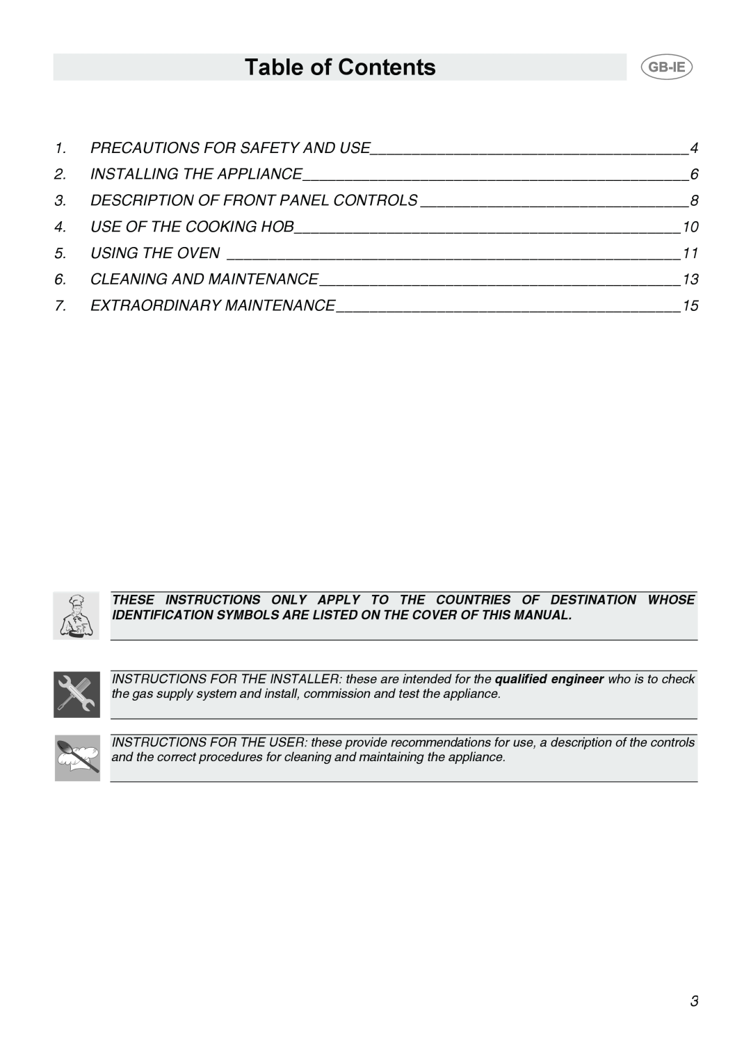 Smeg CB66CES1 manual Table of Contents 