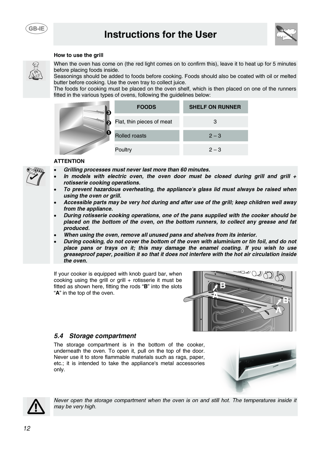 Smeg CB66CES1 manual Storage compartment, Instructions for the User, How to use the grill, Foods, Shelf On Runner 