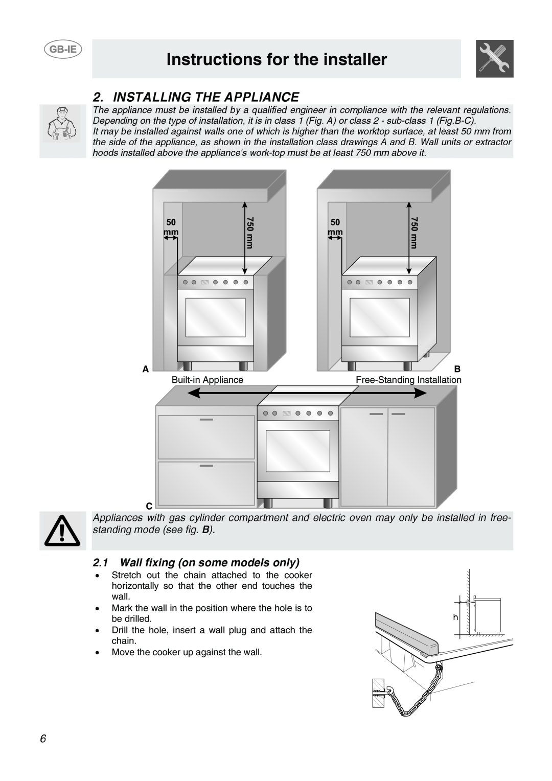 Smeg CB66CES1 manual Instructions for the installer, Installing The Appliance, Wall fixing on some models only 