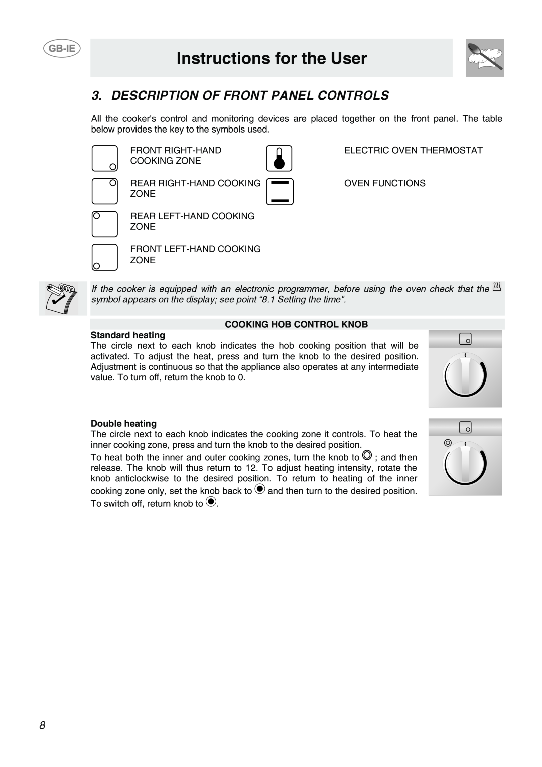 Smeg CB66CES Instructions for the User, Description Of Front Panel Controls, COOKING HOB CONTROL KNOB Standard heating 