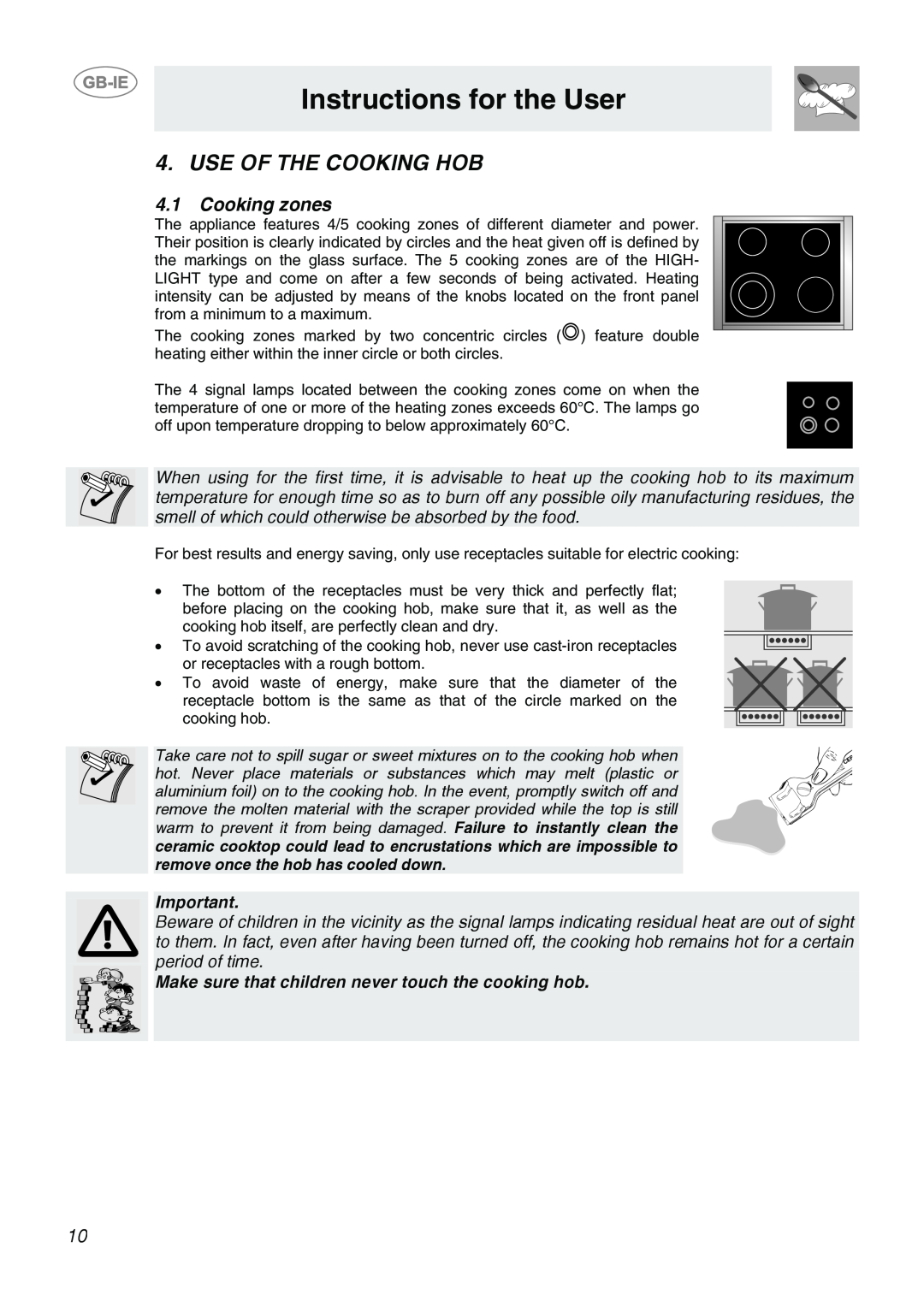 Smeg CB66CES1 manual Use Of The Cooking Hob, Cooking zones, Instructions for the User 