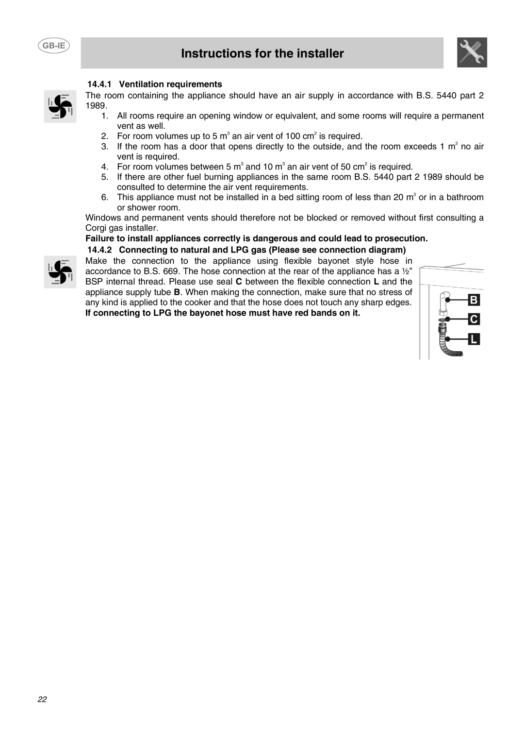 Smeg CC62MFX5 manual Ventilation requirements 