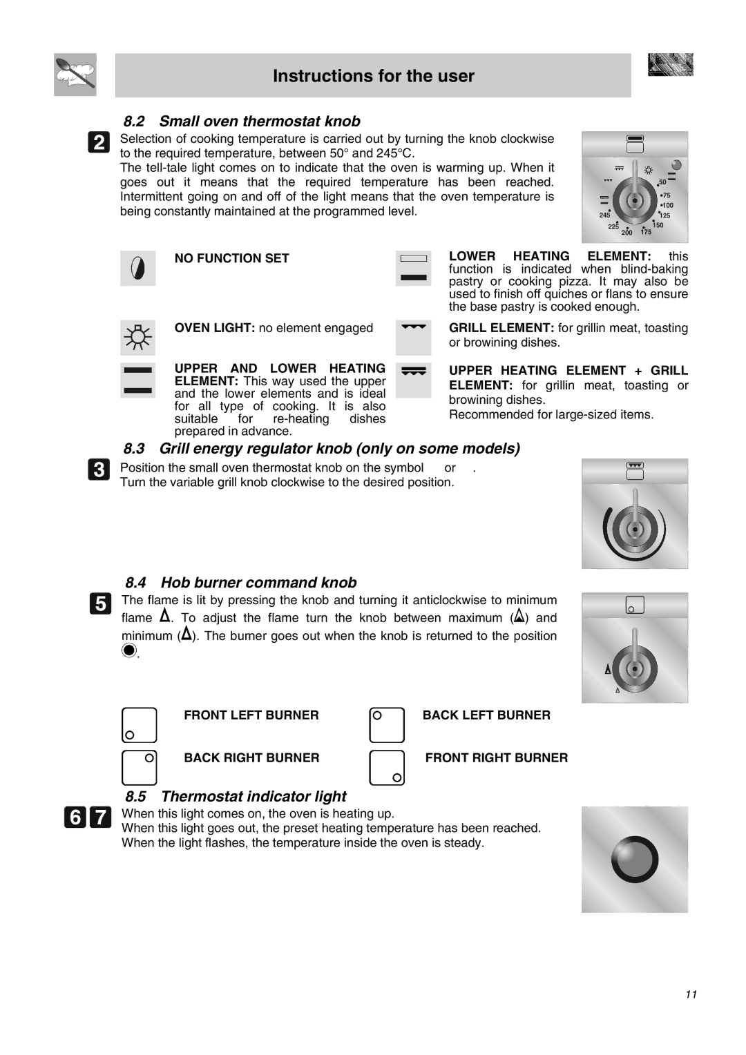 Smeg CC62MFX5 manual Small oven thermostat knob, Grill energy regulator knob only on some models, Hob burner command knob 