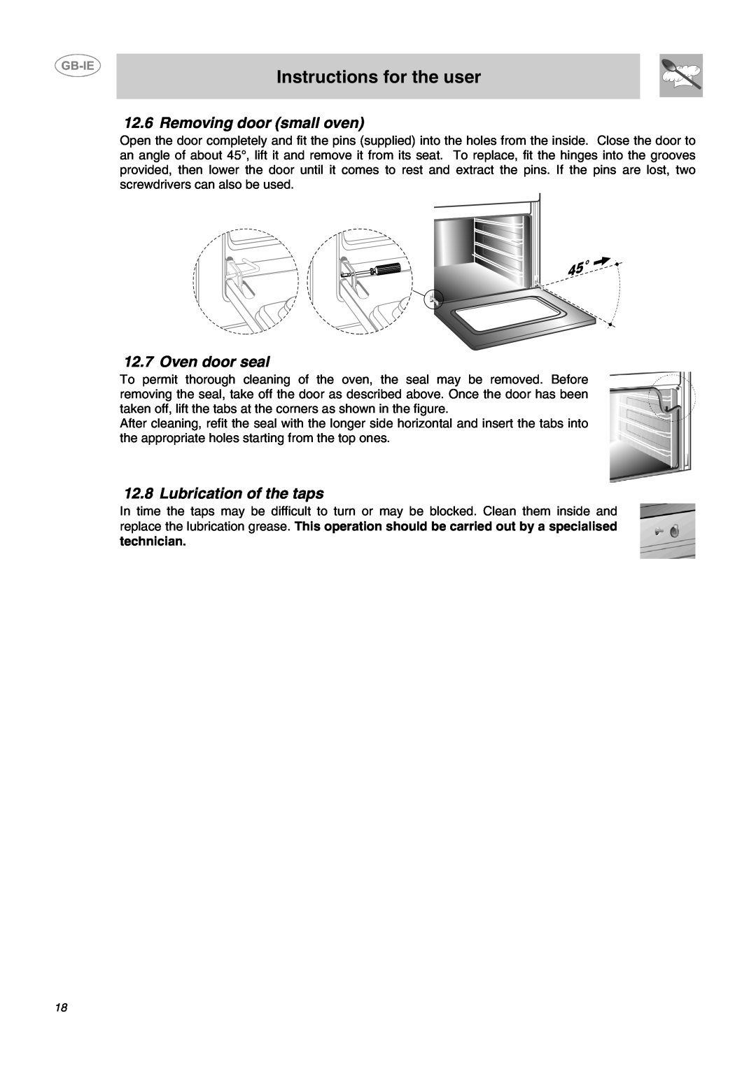 Smeg CC62MFX5 Removing door small oven, Oven door seal, Lubrication of the taps, Instructions for the user, technician 