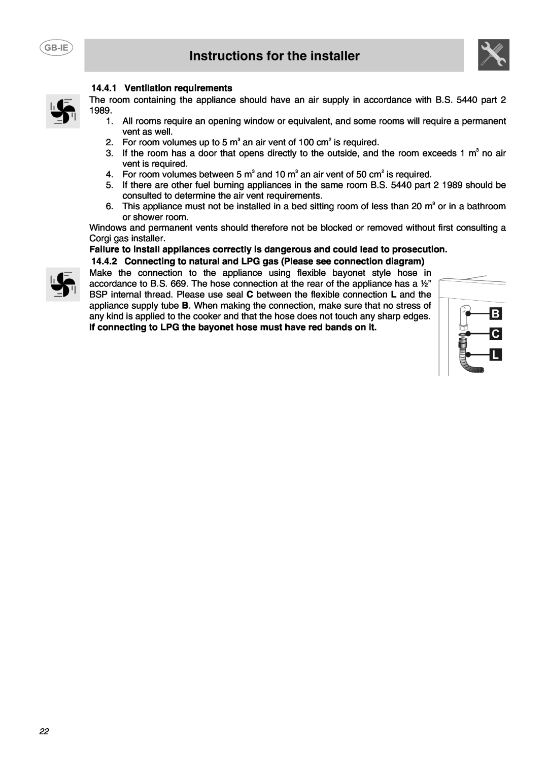 Smeg CC62MFX5 manual Instructions for the installer, Ventilation requirements 