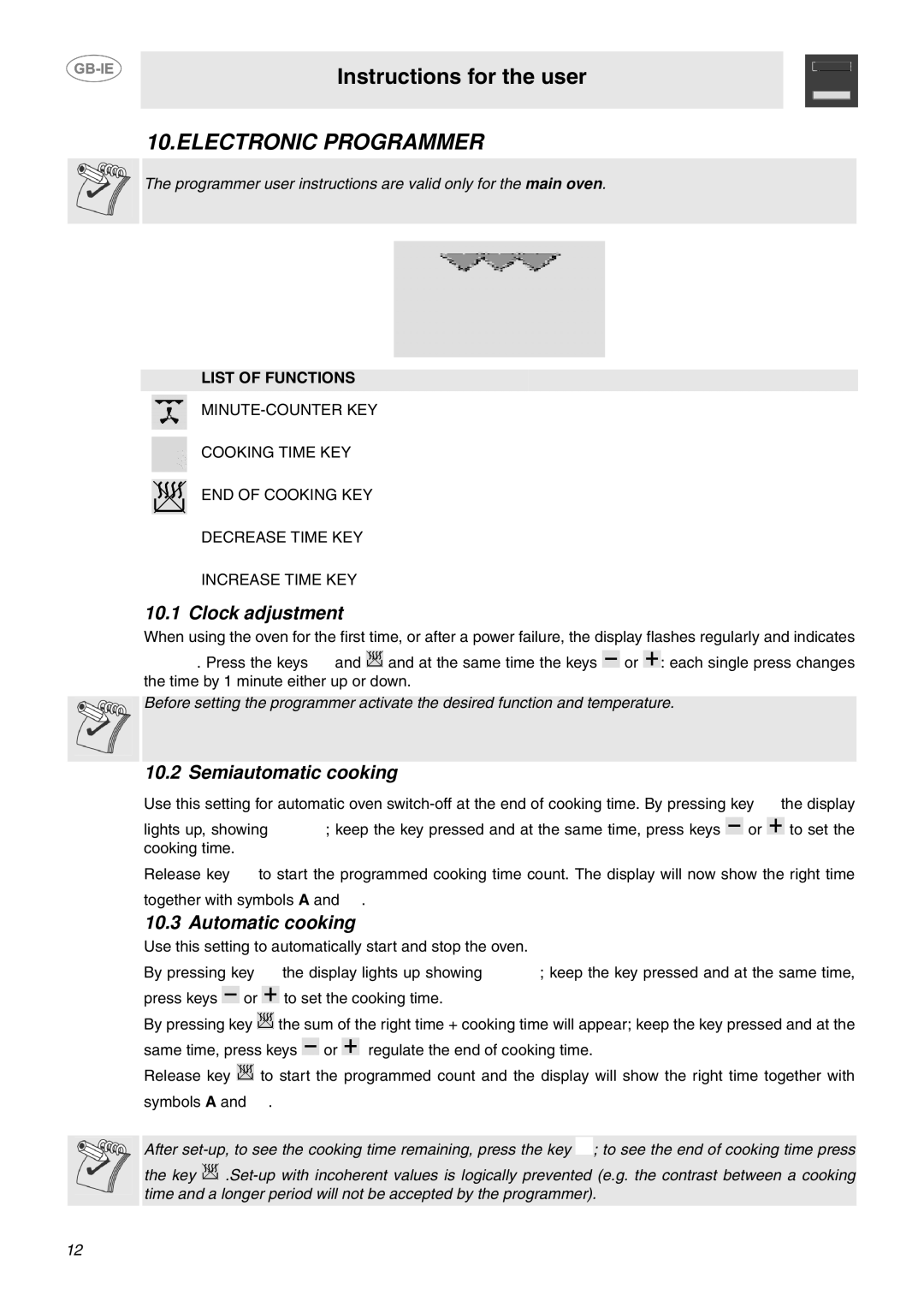 Smeg CC92MFX5 manual Electronic Programmer, Clock adjustment, Semiautomatic cooking, Automatic cooking, List of Functions 