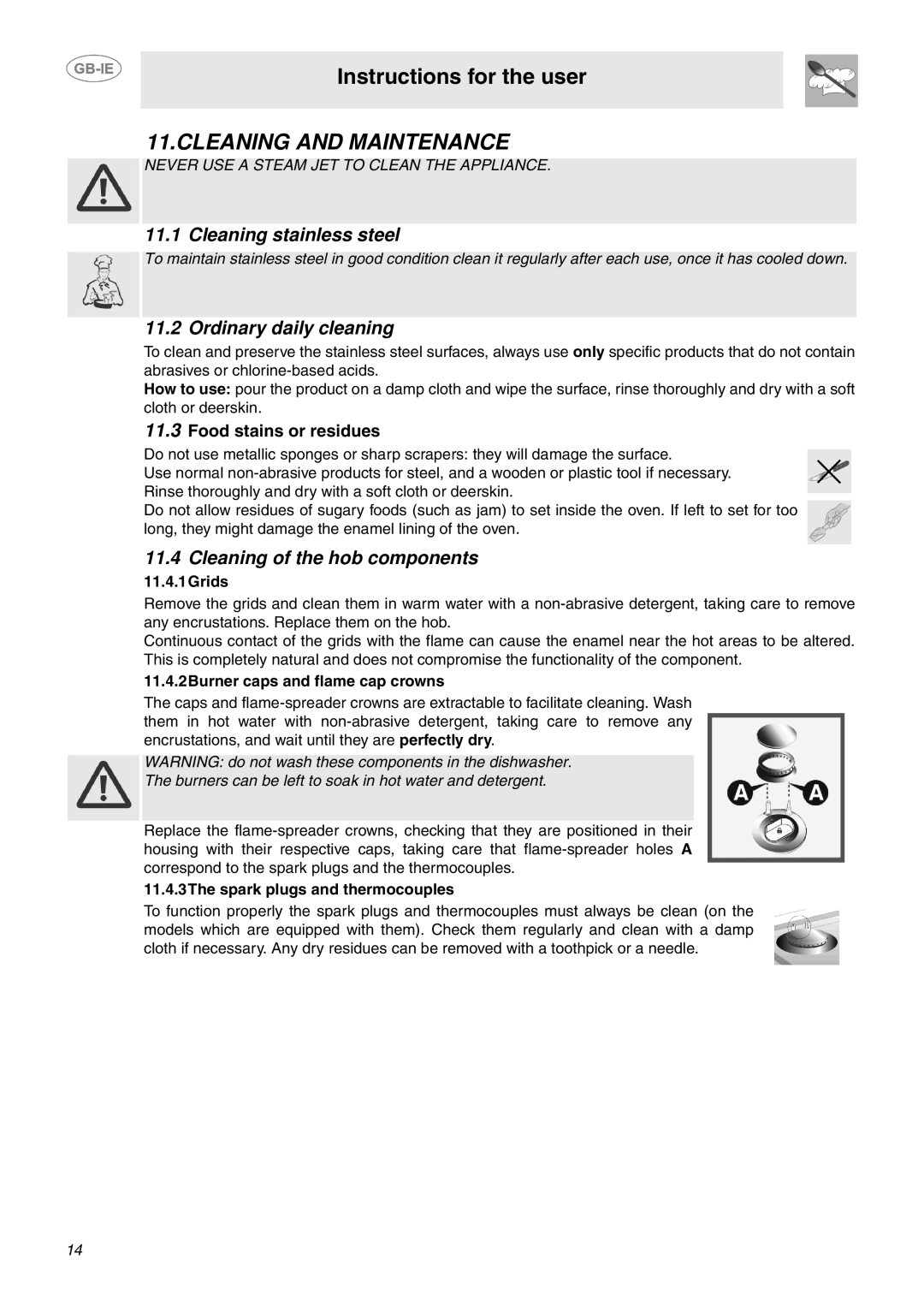 Smeg CC92MFX5 Cleaning and Maintenance, Cleaning stainless steel, Ordinary daily cleaning, Cleaning of the hob components 