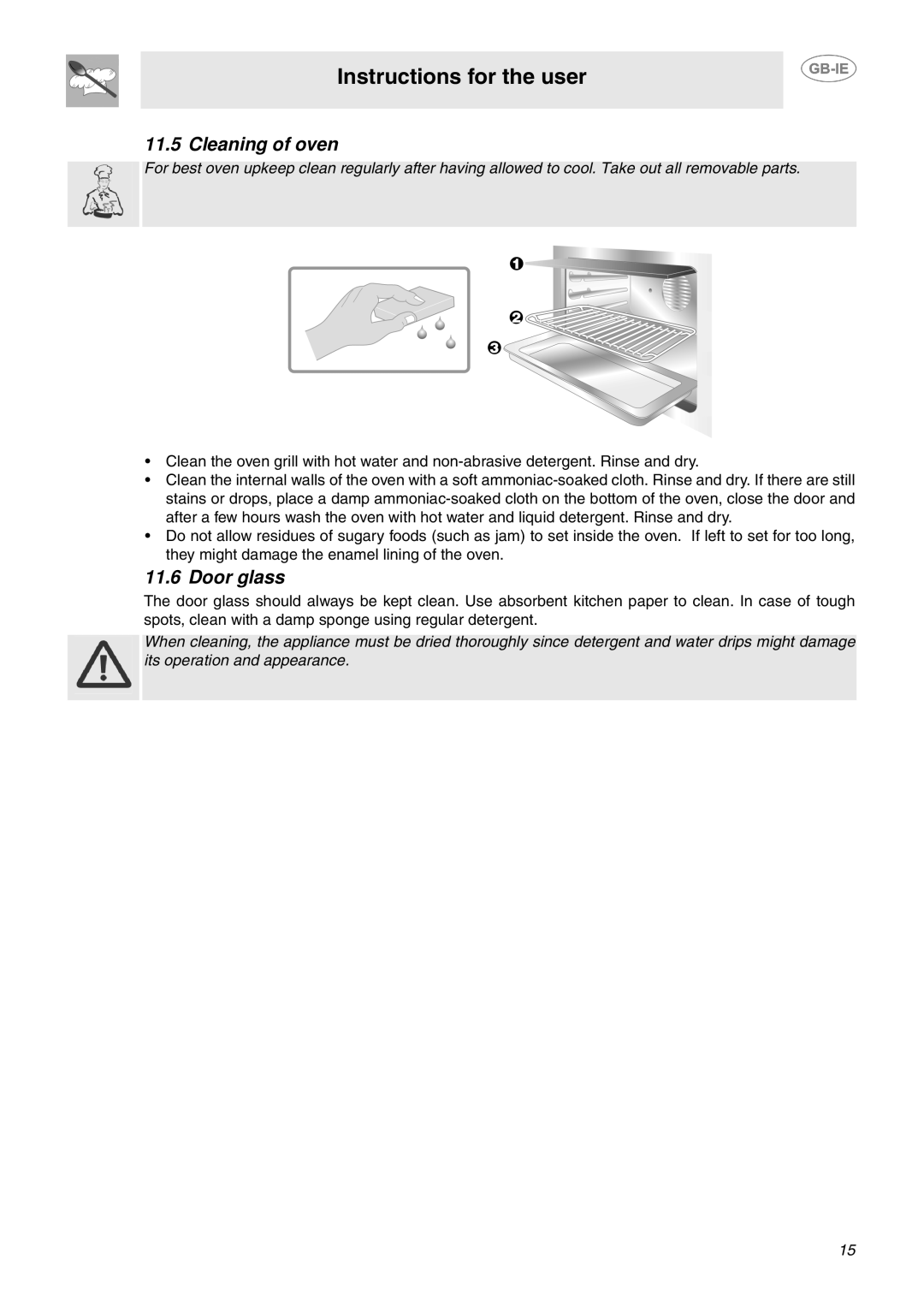 Smeg CC92MFX6, CC92MFX5 manual Cleaning of oven, Door glass 