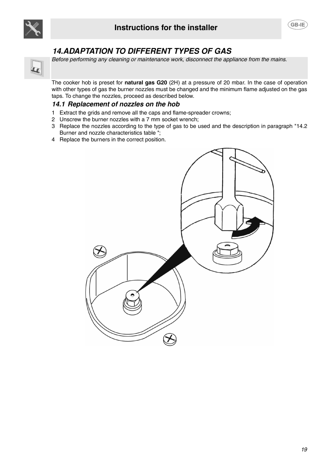 Smeg CC92MFX6, CC92MFX5 manual Adaptation to Different Types of GAS, Replacement of nozzles on the hob 