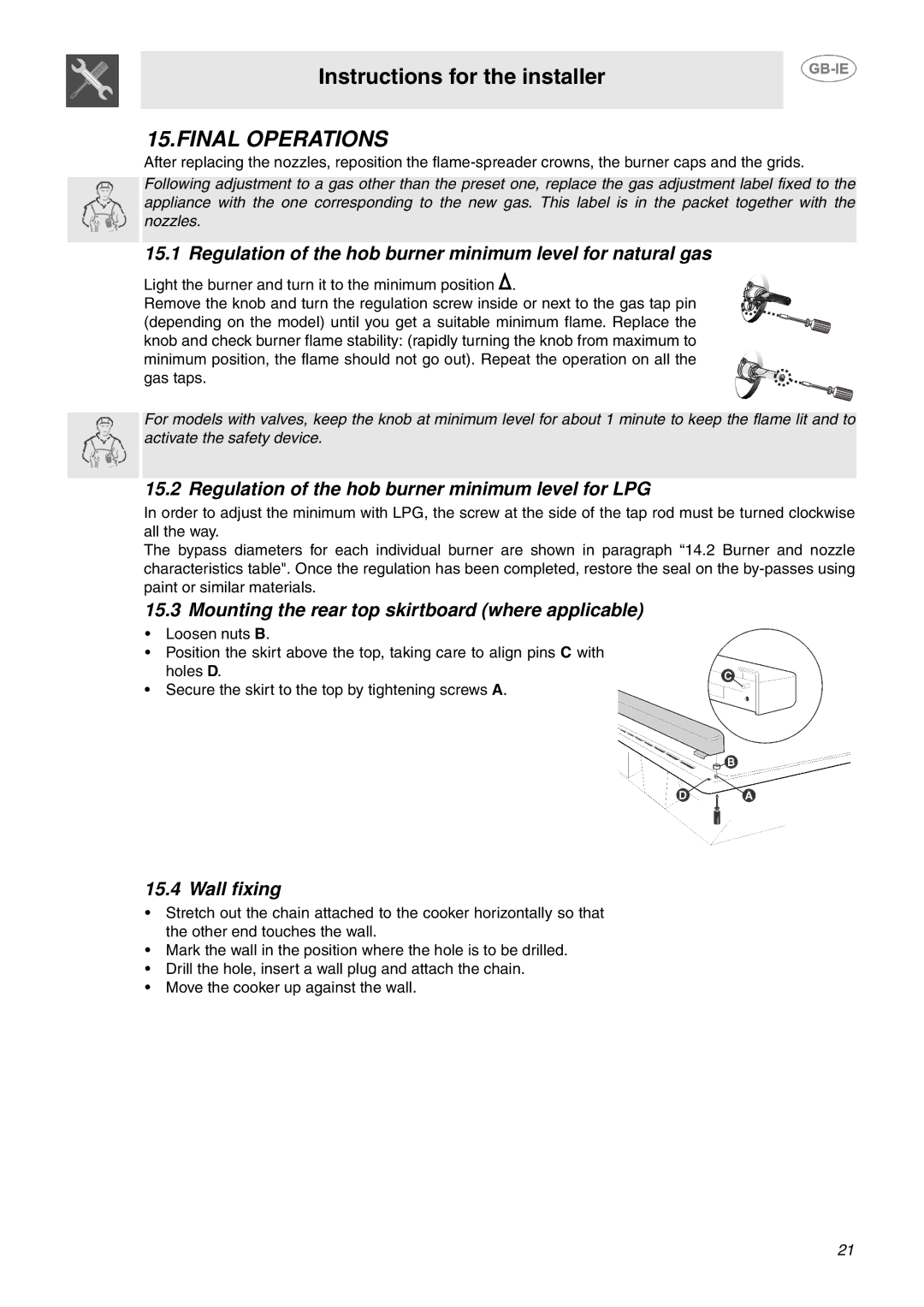 Smeg CC92MFX6, CC92MFX5 manual Final Operations, Regulation of the hob burner minimum level for natural gas, Wall fixing 