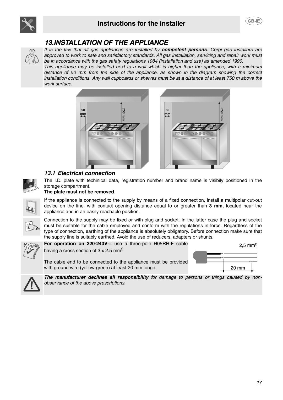 Smeg CC92MFX6, CC92MFX5 manual Instructions for the installer, Installation Of The Appliance, Electrical connection 