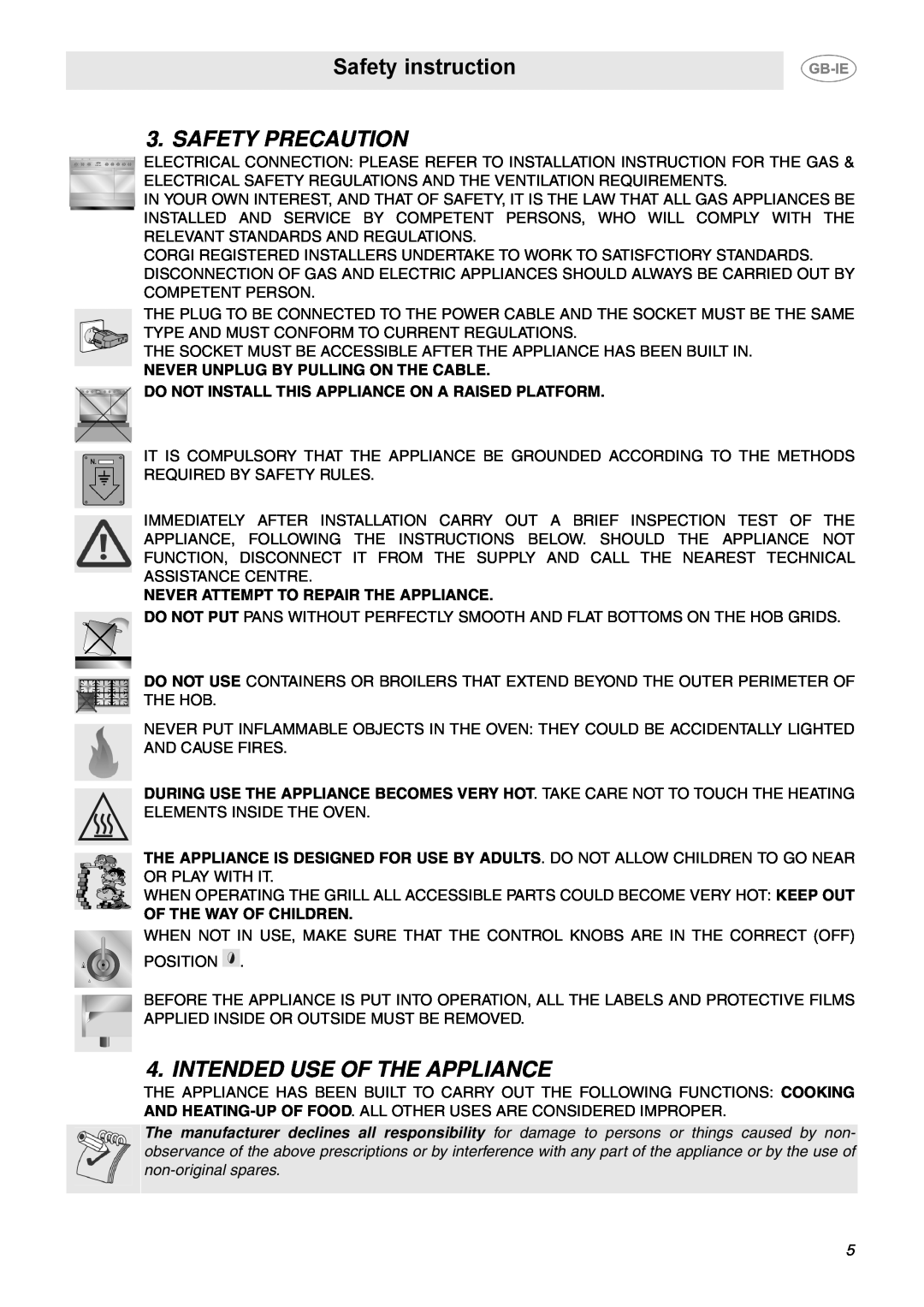 Smeg CC92MFX6, CC92MFX5 manual Safety instruction, Safety Precaution, Intended Use Of The Appliance 