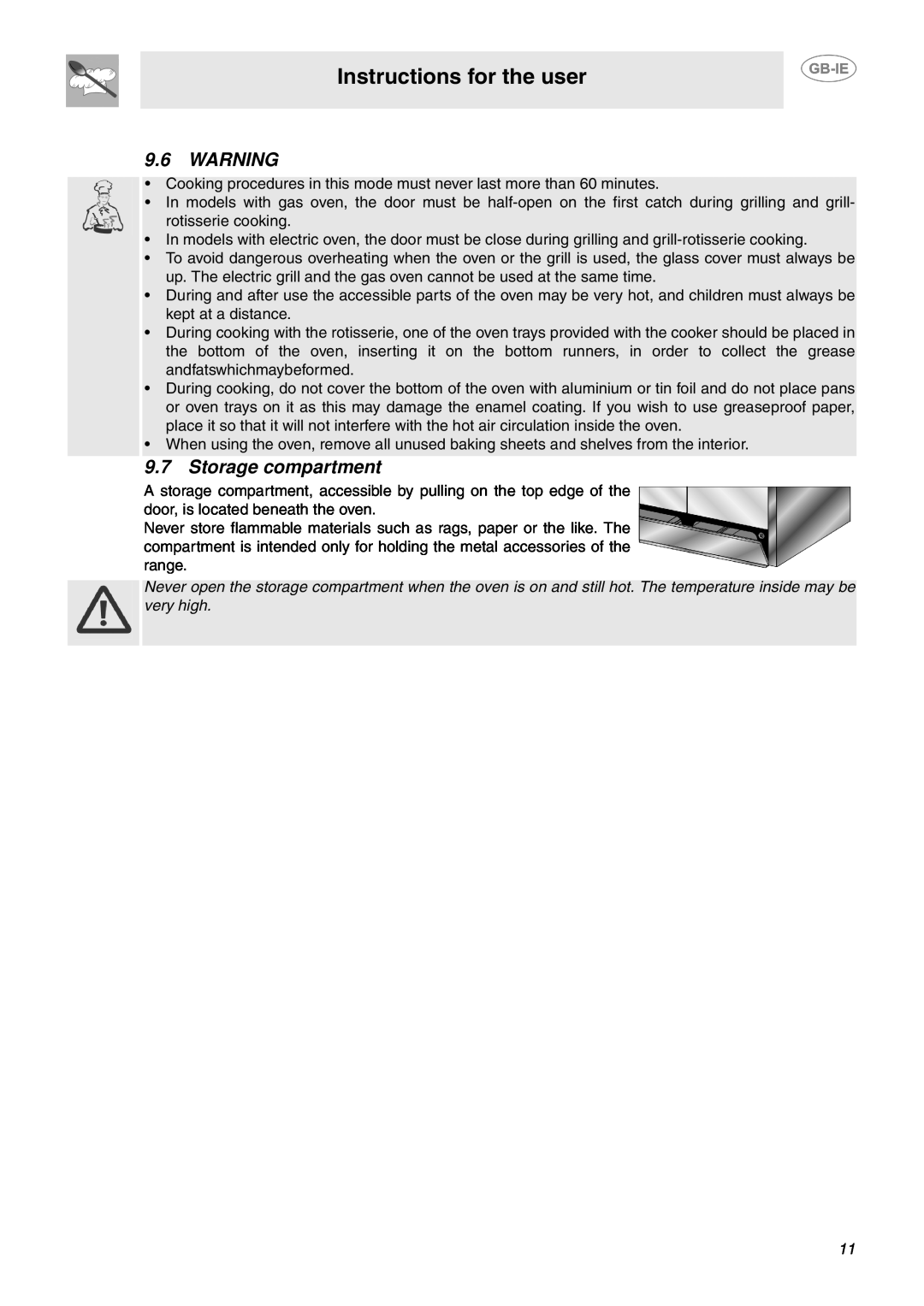 Smeg CC92MFX6, CC92MFX5 manual Storage compartment, Instructions for the user 