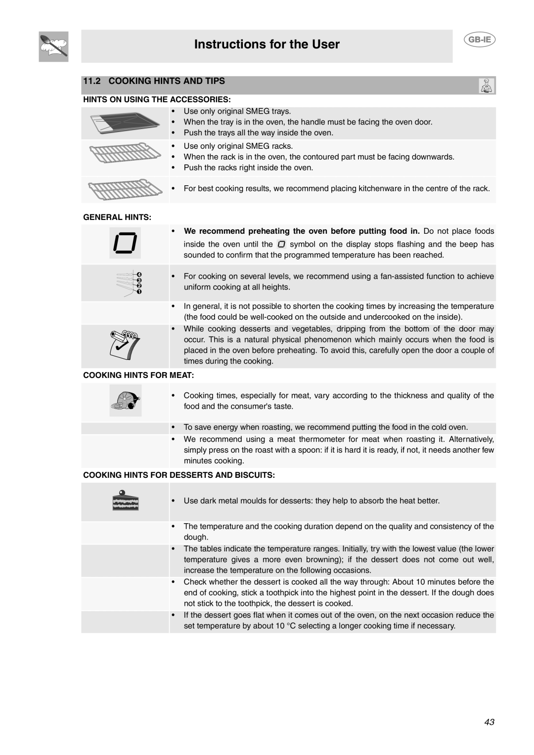 Smeg CE6CMX manual Cooking Hints and Tips, Hints on Using the Accessories 