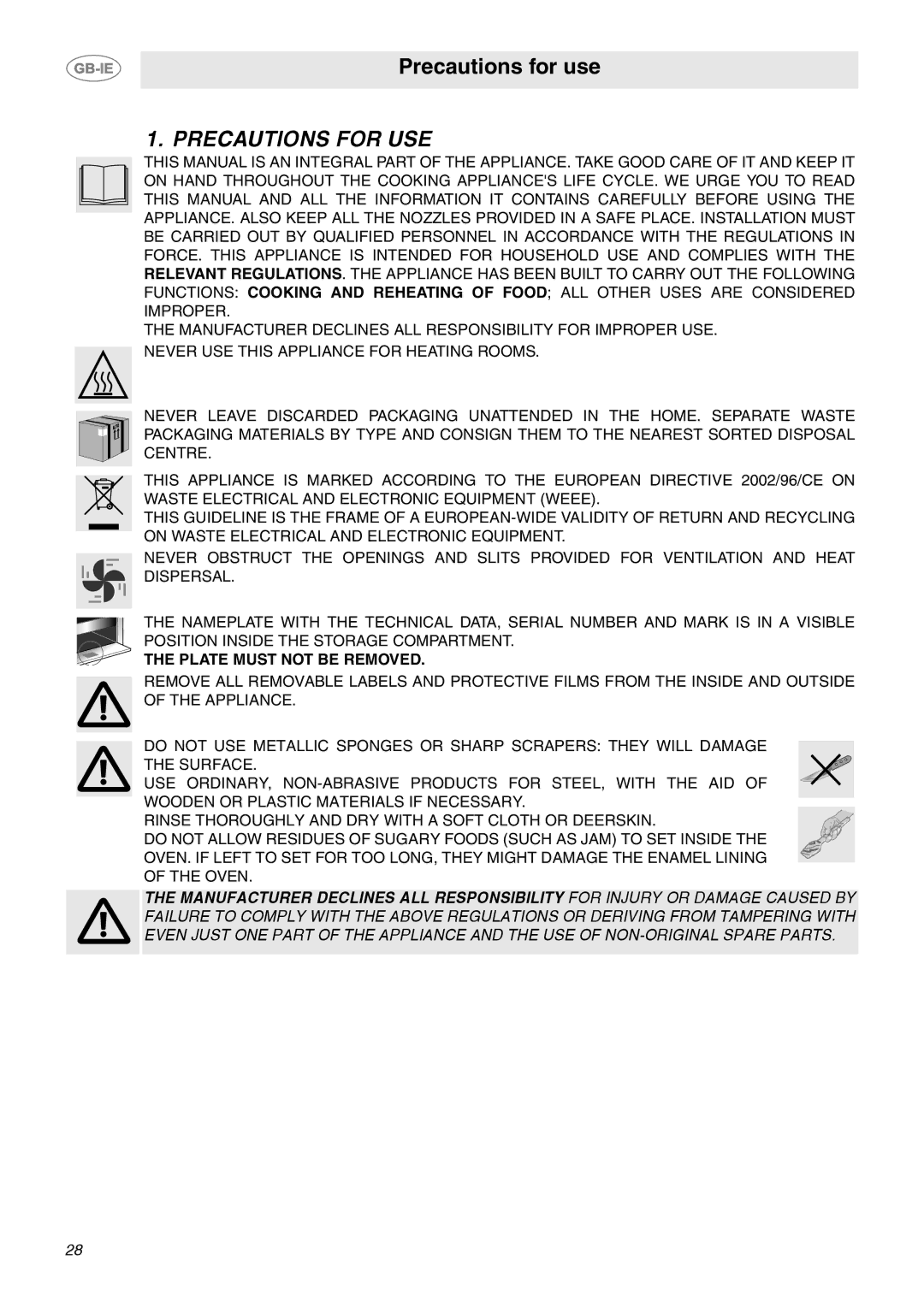 Smeg CE6CMX manual Precautions for USE, Plate Must not be Removed 