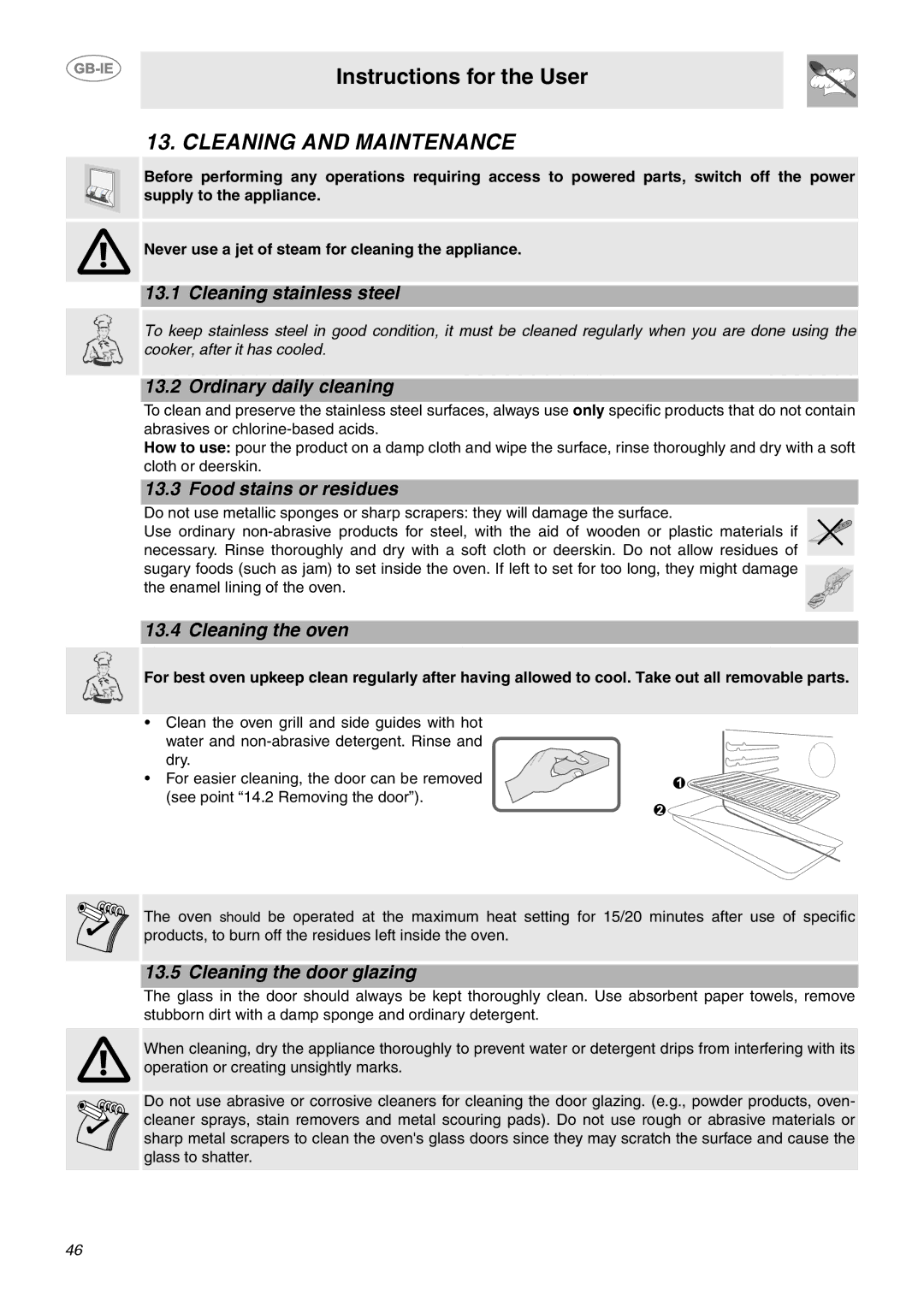 Smeg CE6CMX manual Cleaning and Maintenance 