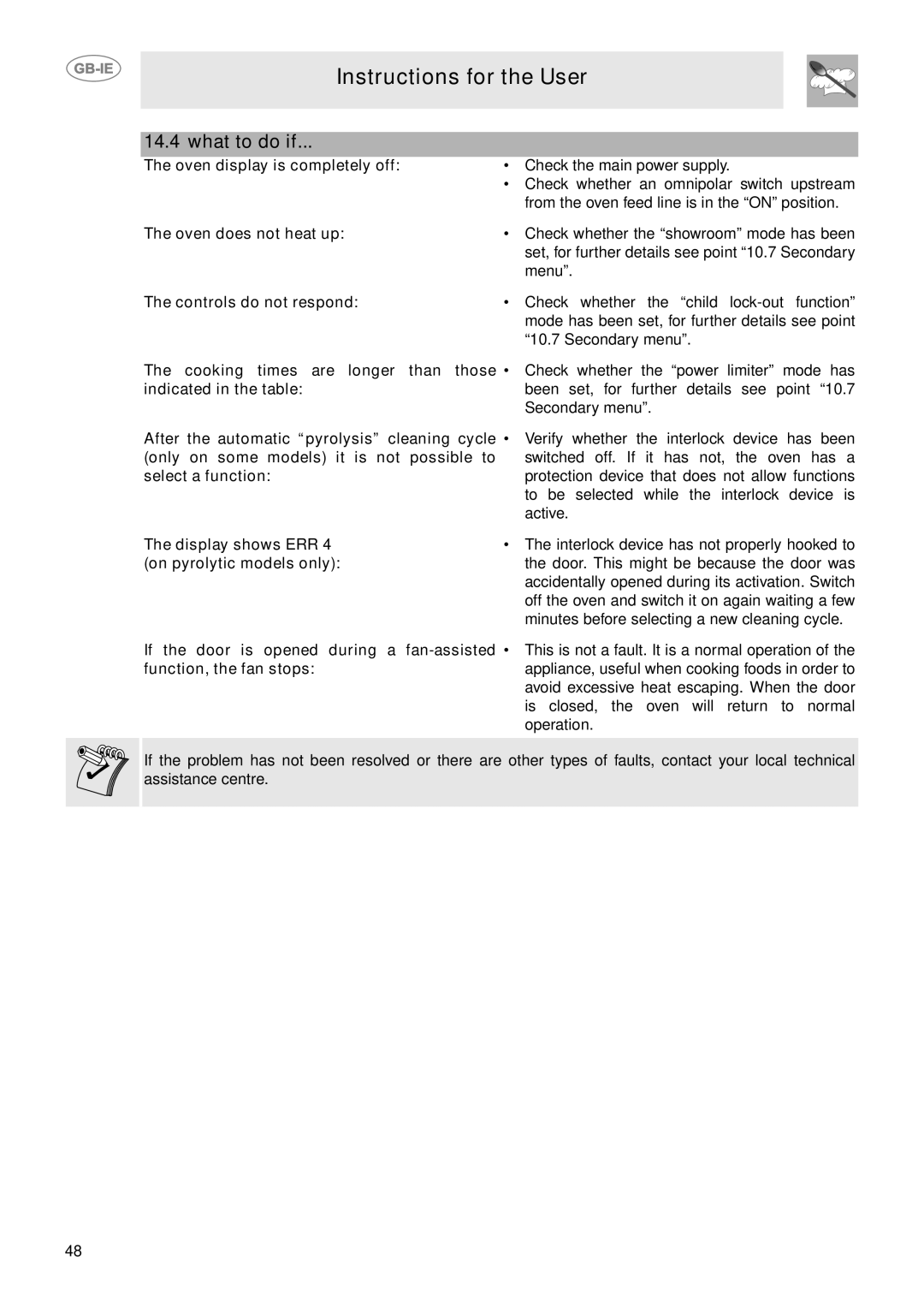 Smeg CE6CMX manual What to do if, Oven display is completely off, Oven does not heat up, Controls do not respond 