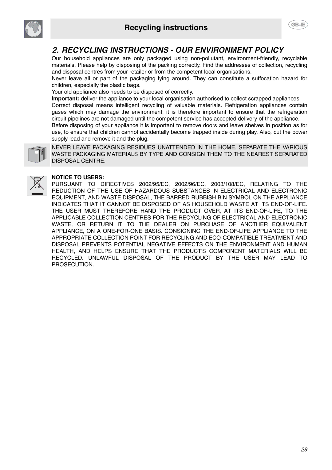 Smeg CE6CMX manual Recycling Instructions OUR Environment Policy 