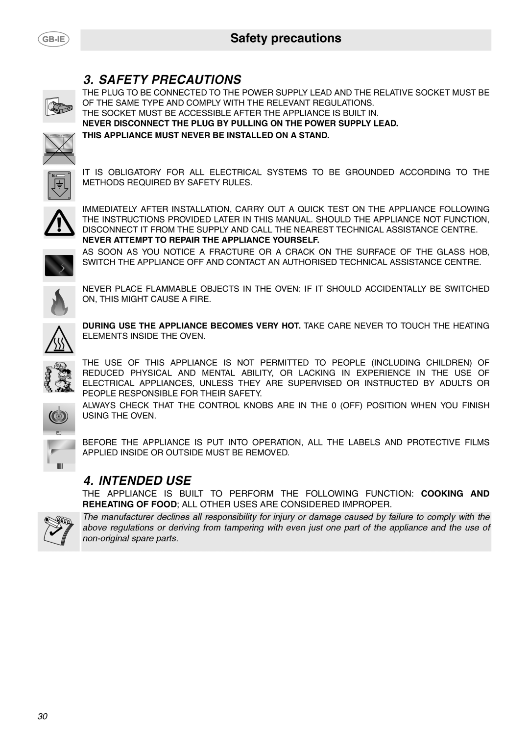 Smeg CE6CMX manual Safety Precautions, Intended USE, Never Attempt to Repair the Appliance Yourself 