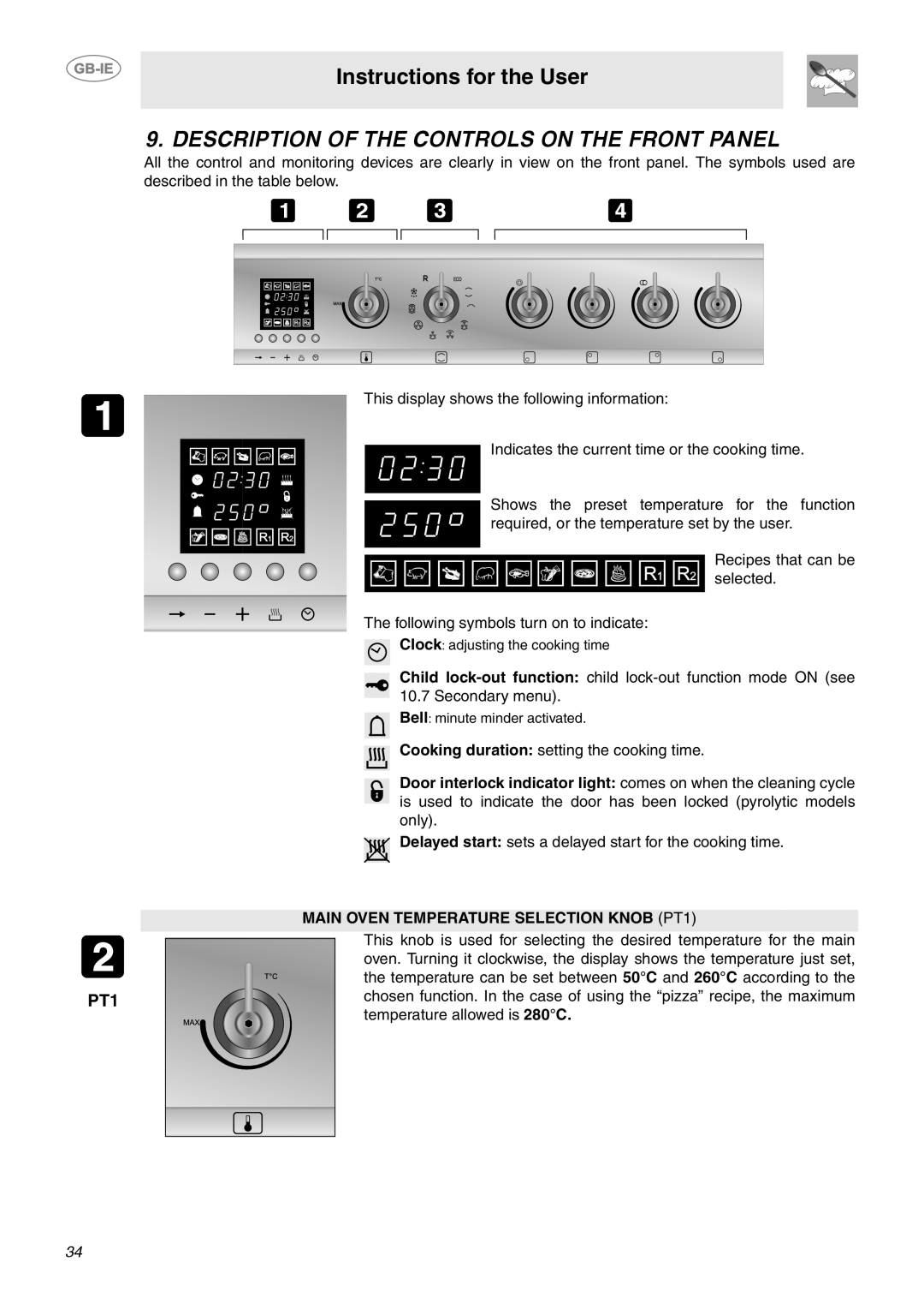 Smeg CE6CMX manual Description of the Controls on the Front Panel, Main Oven Temperature Selection Knob PT1 