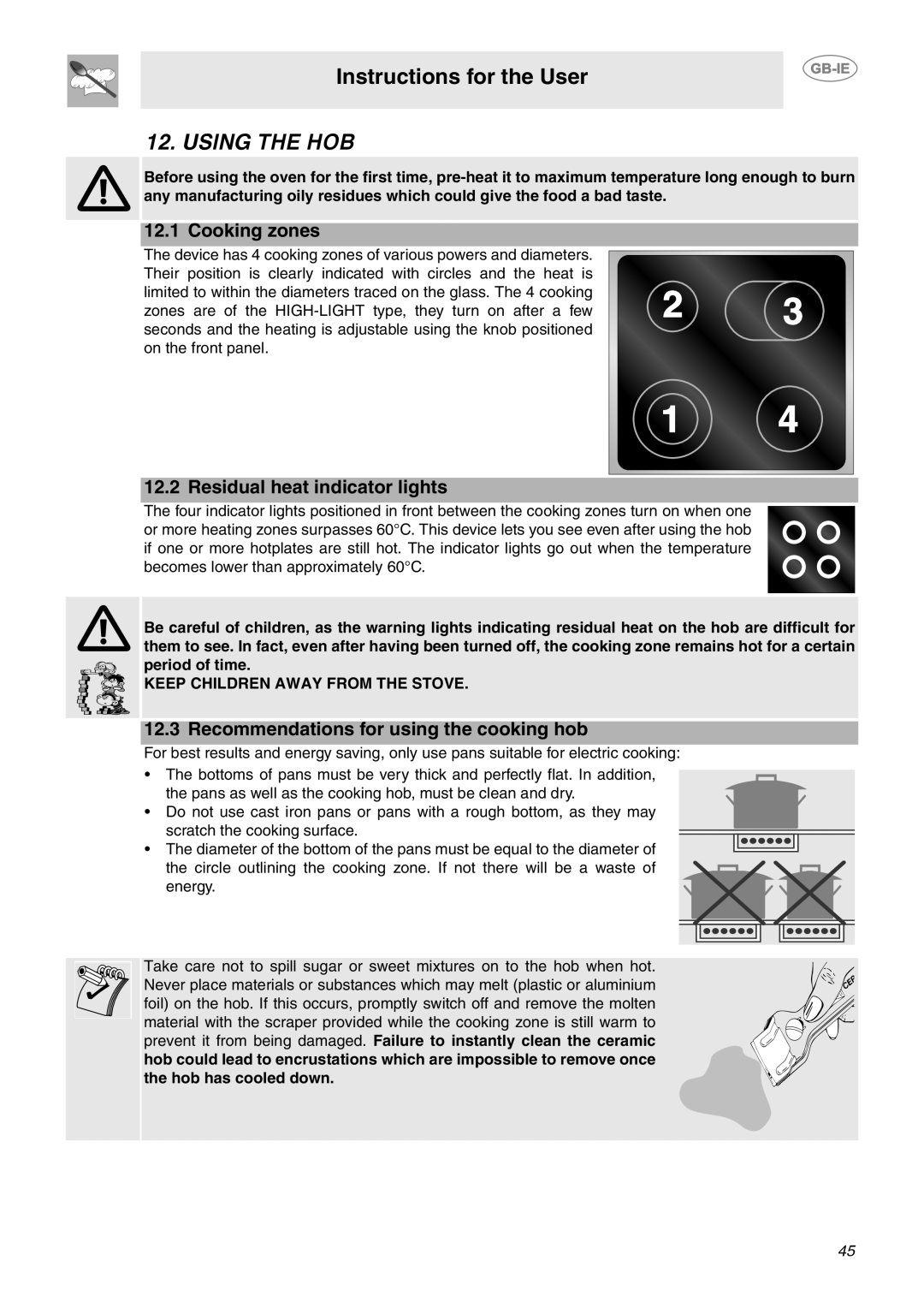 Smeg CE6CMX manual Using The Hob, Instructions for the User, Cooking zones, Residual heat indicator lights 
