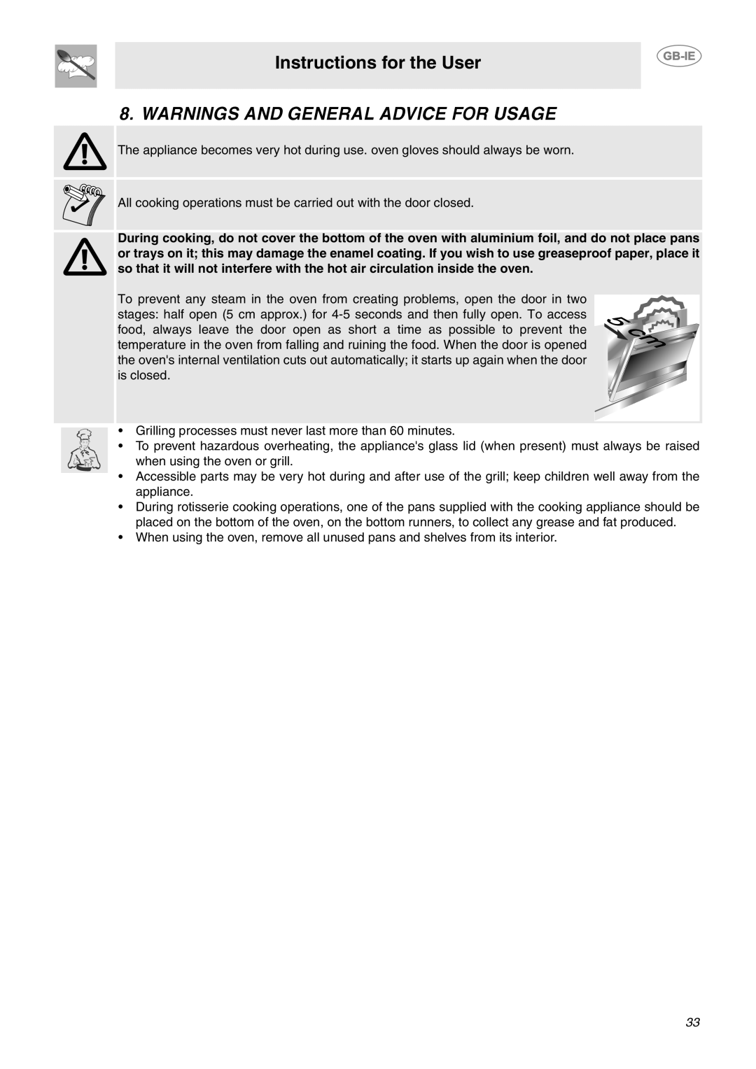 Smeg CE6CMX manual Warnings And General Advice For Usage, Instructions for the User 