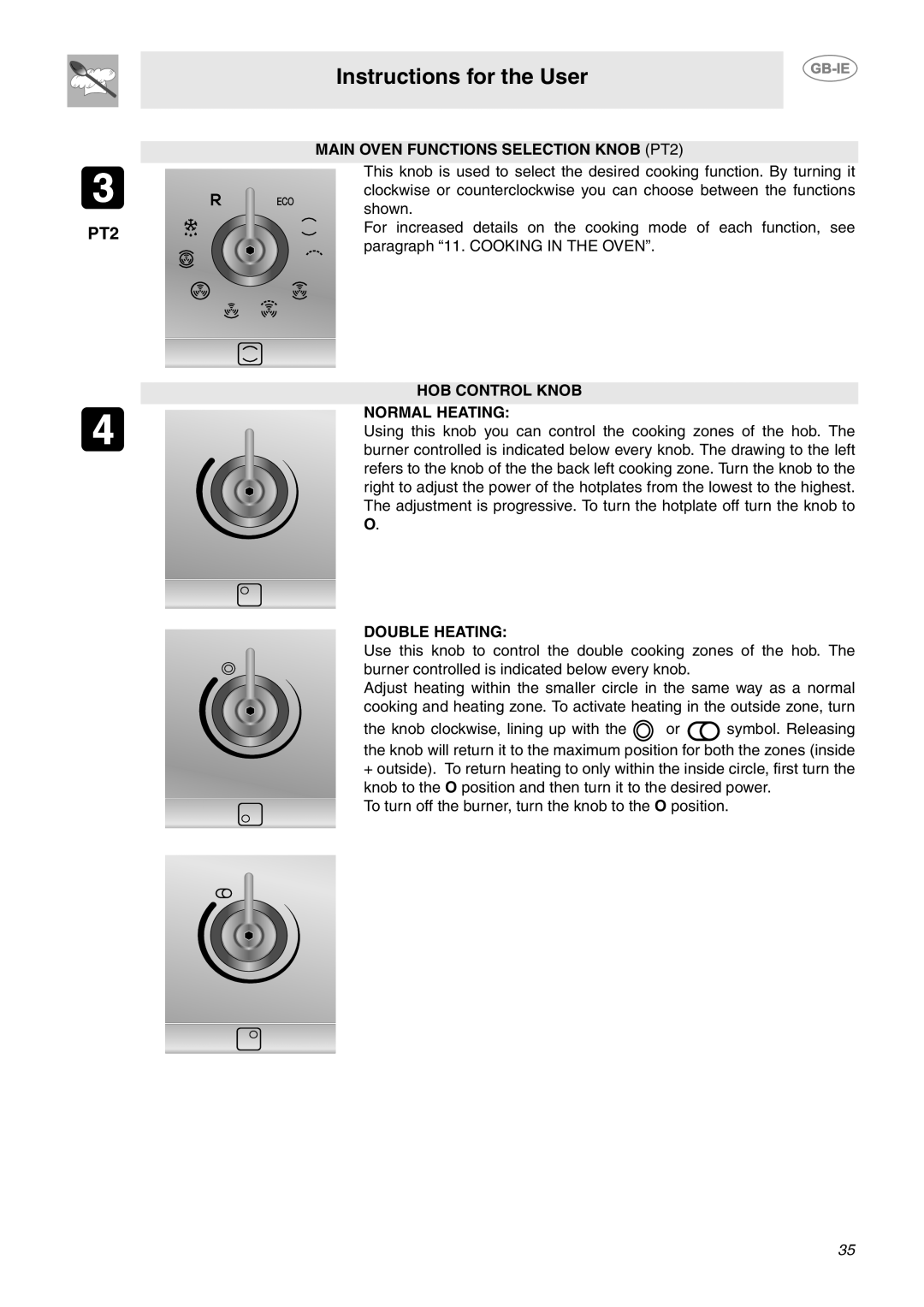 Smeg CE6CMX manual Instructions for the User, MAIN OVEN FUNCTIONS SELECTION KNOB PT2, Hob Control Knob Normal Heating 
