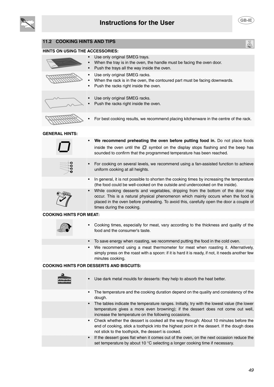 Smeg CE6GPXU manual Cooking Hints and Tips, Hints on Using the Accessories 