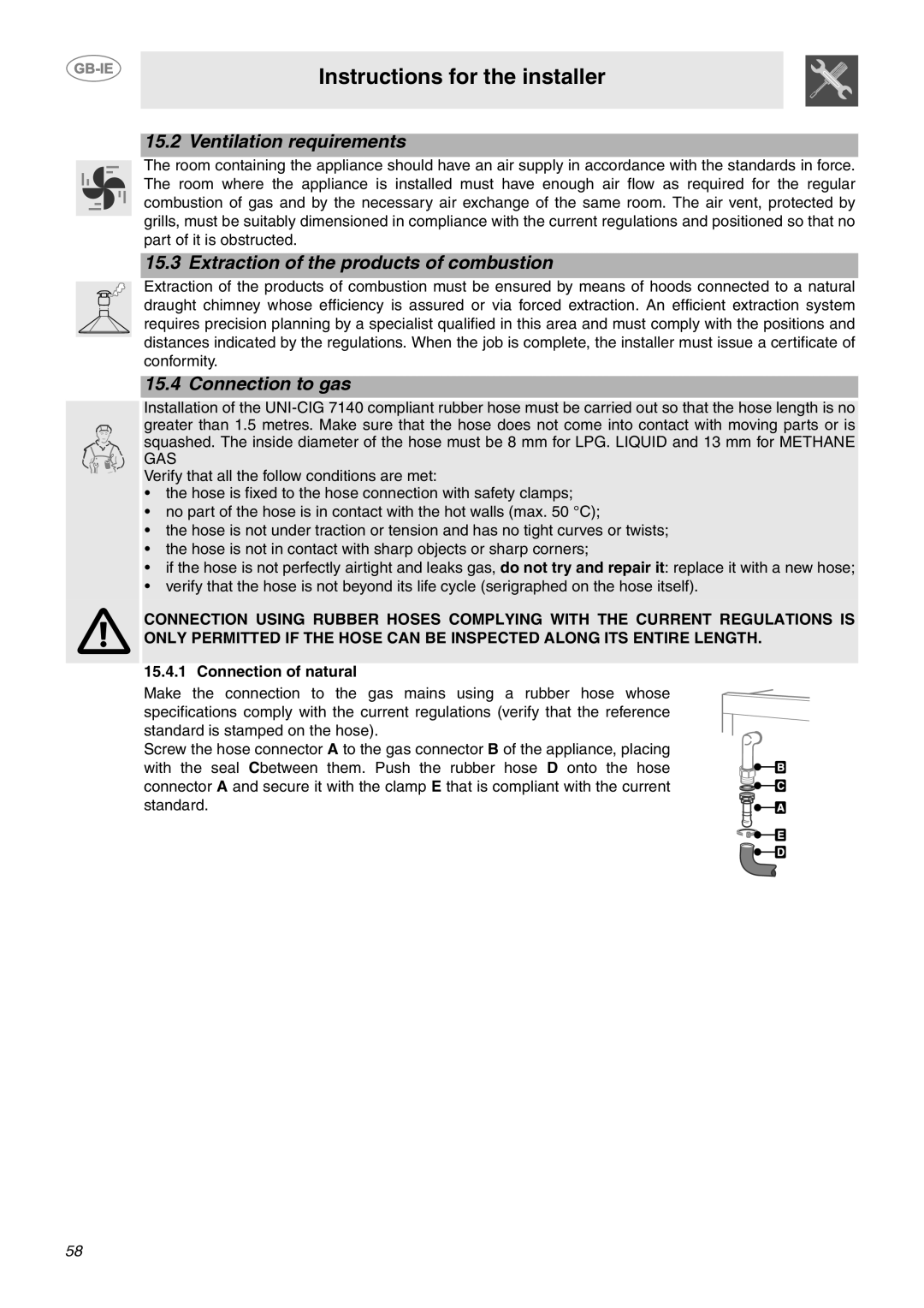 Smeg CE6GPXU Ventilation requirements, Extraction of the products of combustion, Connection to gas, Connection of natural 