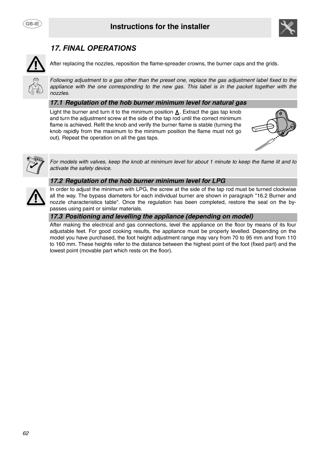 Smeg CE6GPXU manual Regulation of the hob burner minimum level for natural gas 