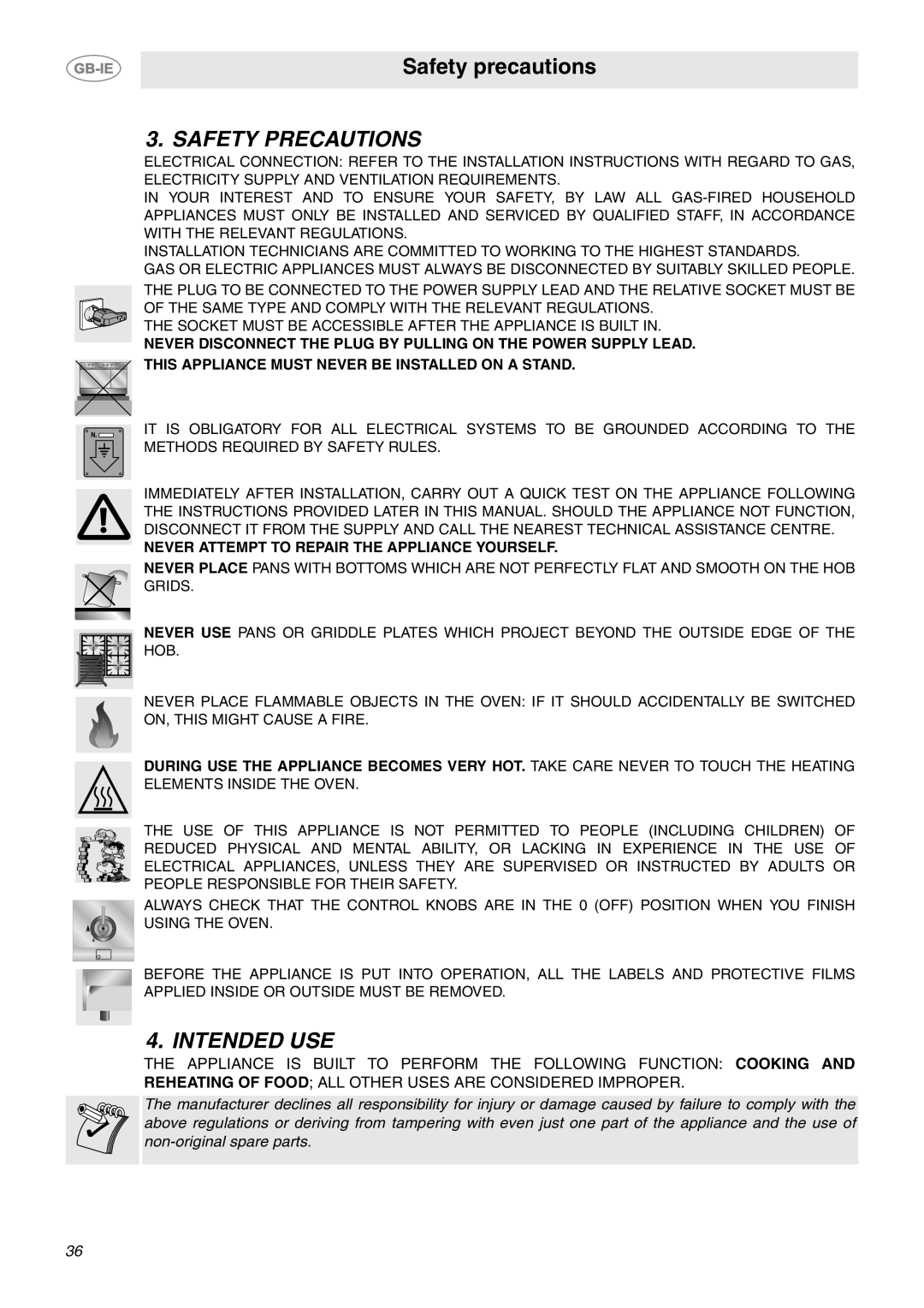 Smeg CE6GPXU manual Safety Precautions, Intended USE, Never Attempt to Repair the Appliance Yourself 