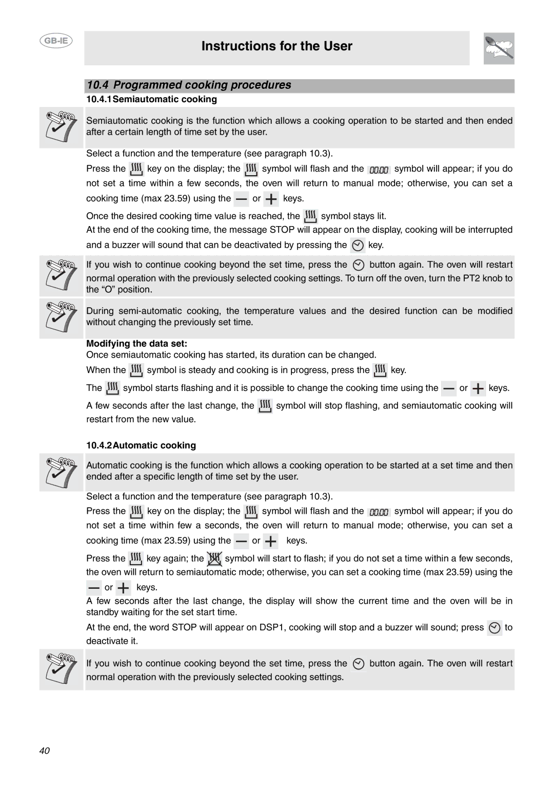 Smeg CE6IMX Programmed cooking procedures, 10.4.1Semiautomatic cooking, Modifying the data set, 10.4.2Automatic cooking 