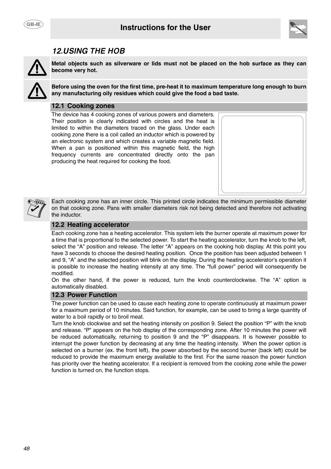 Smeg CE6IMX manual Using the HOB, Cooking zones 