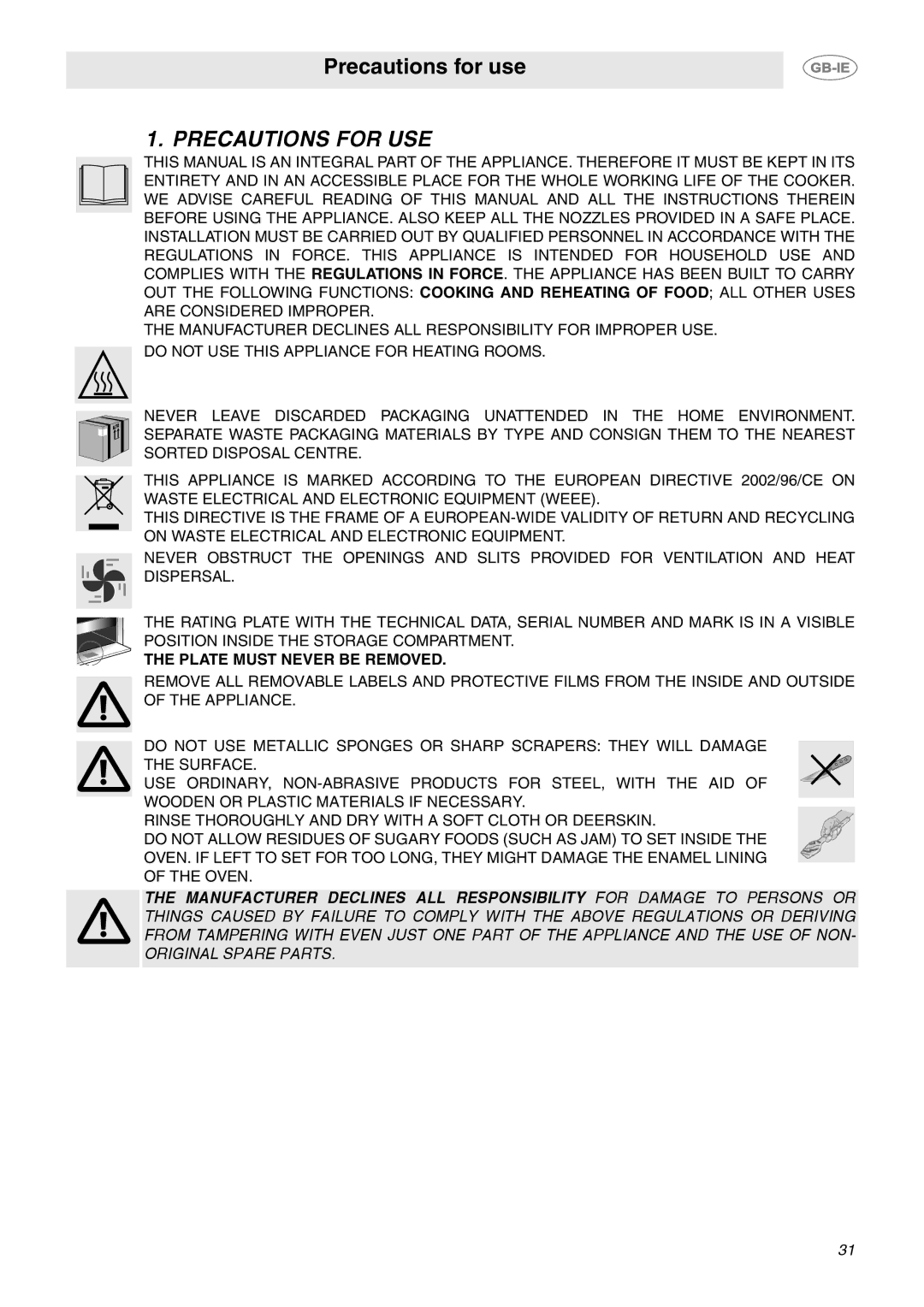 Smeg CE6IMX manual Precautions for USE, Plate Must Never be Removed 