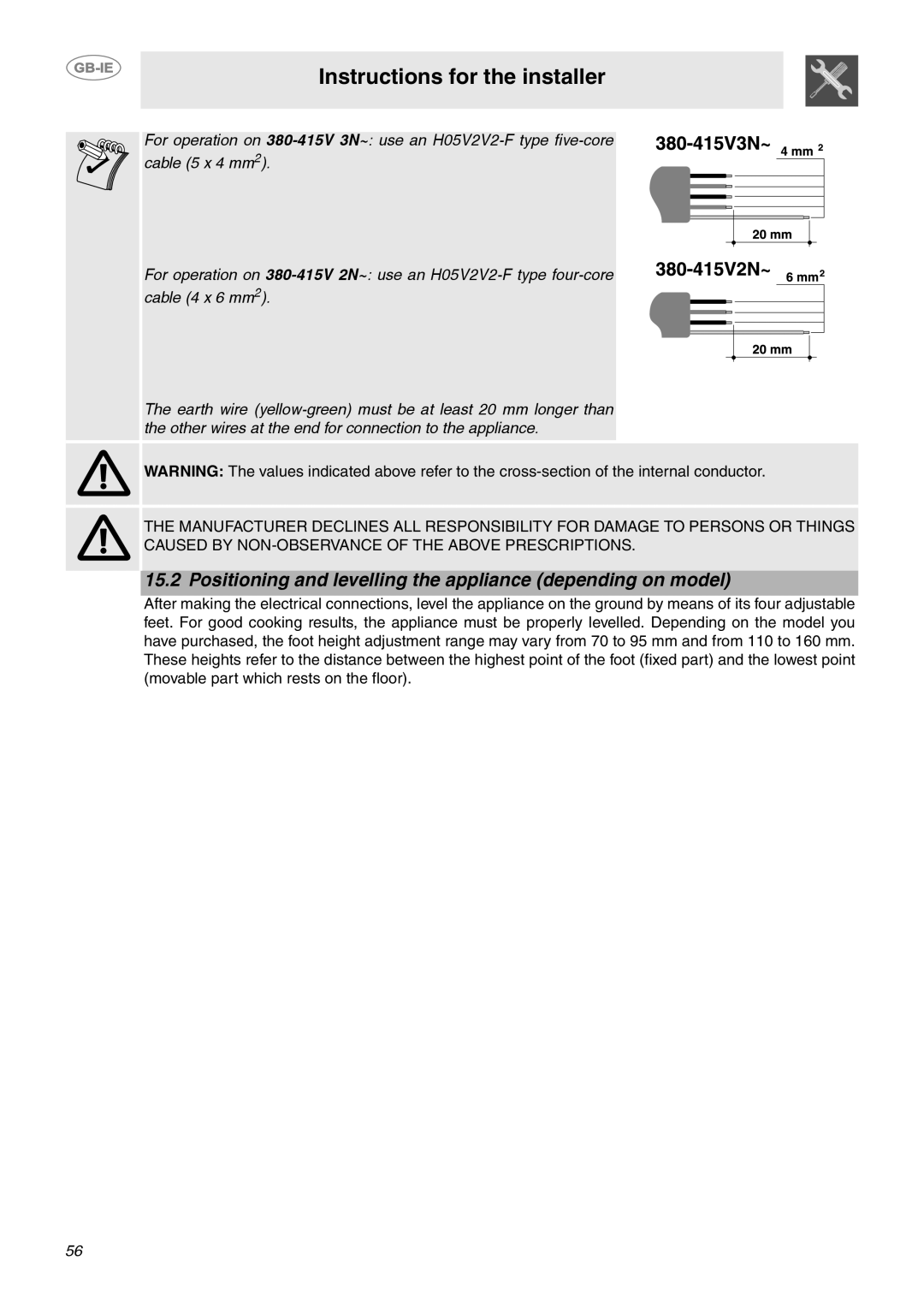 Smeg CE6IMX manual Positioning and levelling the appliance depending on model 