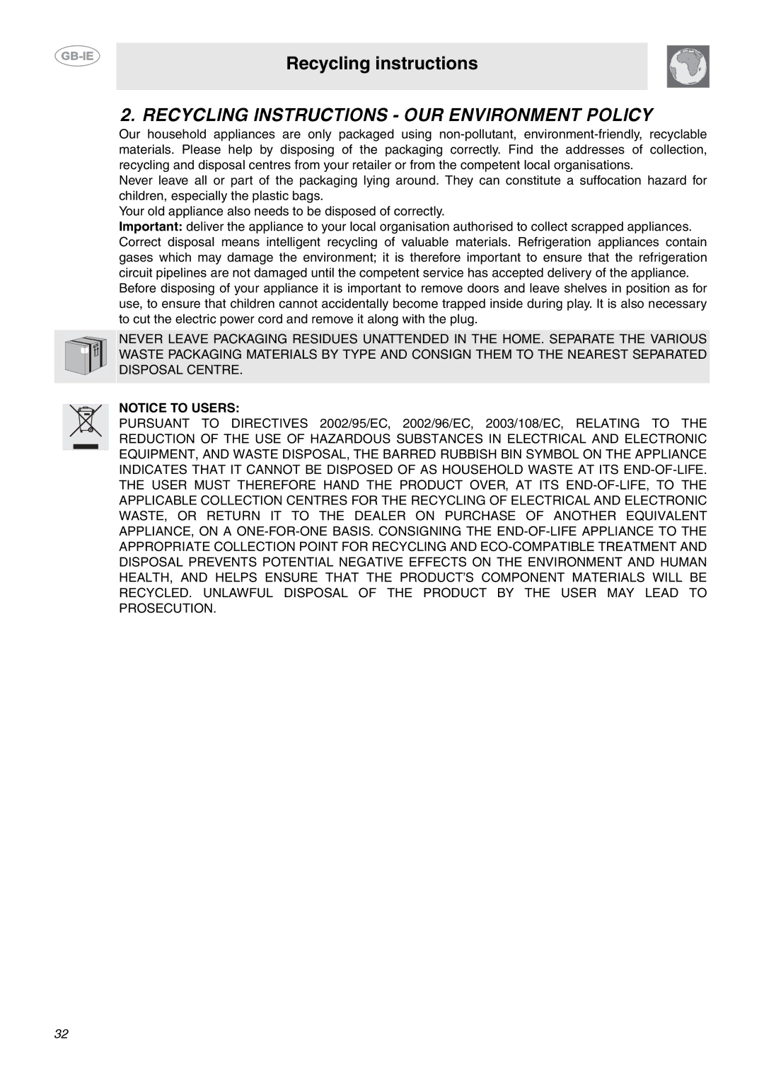 Smeg CE6IMX manual Recycling Instructions OUR Environment Policy 