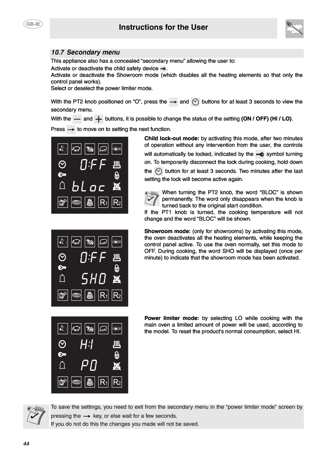 Smeg CE6IMX manual Secondary menu, Instructions for the User 