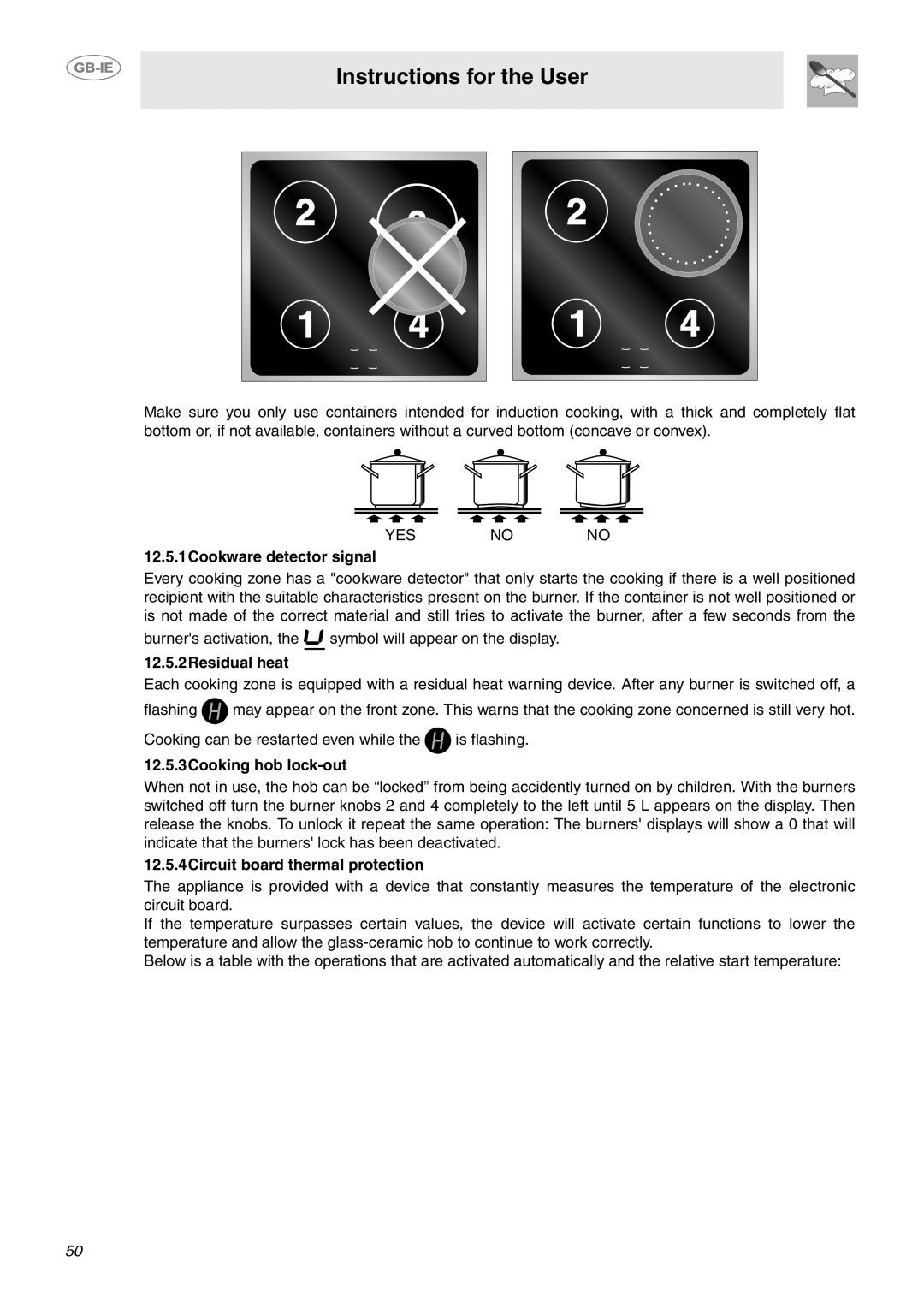 Smeg CE6IMX Instructions for the User, 12.5.1Cookware detector signal, 12.5.2Residual heat, 12.5.3Cooking hob lock-out 