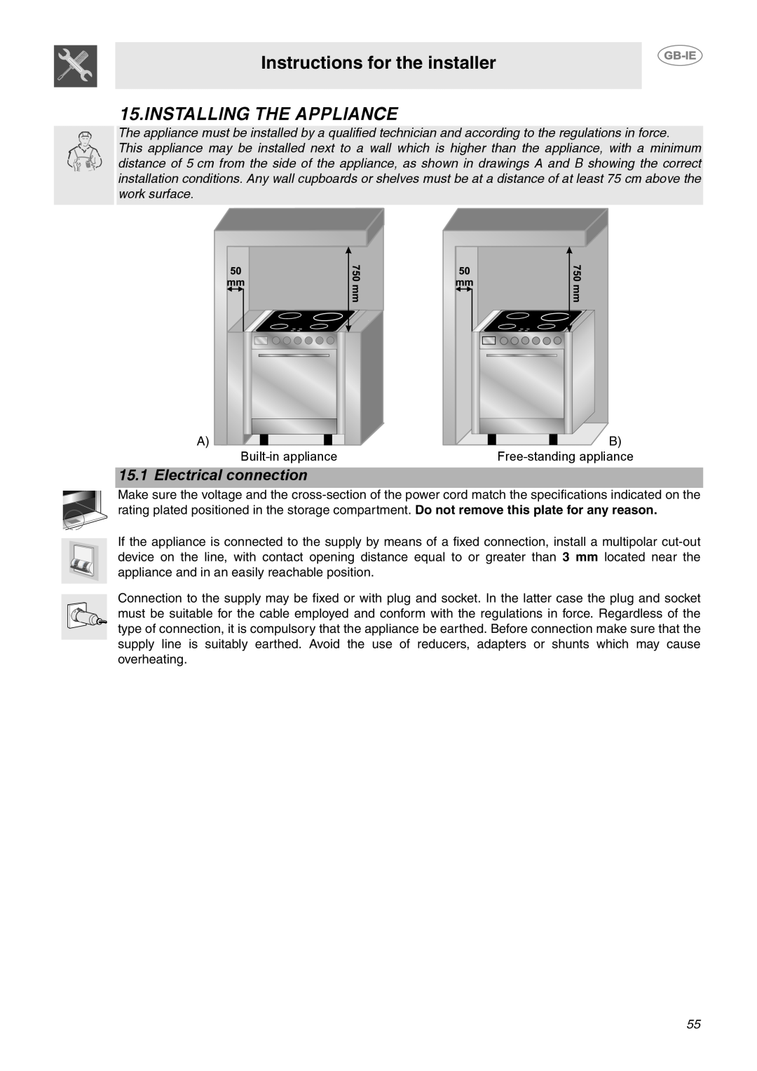 Smeg CE6IMX manual Instructions for the installer, Installing The Appliance, Electrical connection 