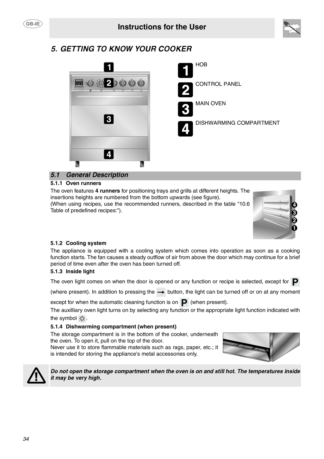 Smeg CE6IMX Instructions for the User, Getting To Know Your Cooker, General Description, Oven runners, Cooling system 