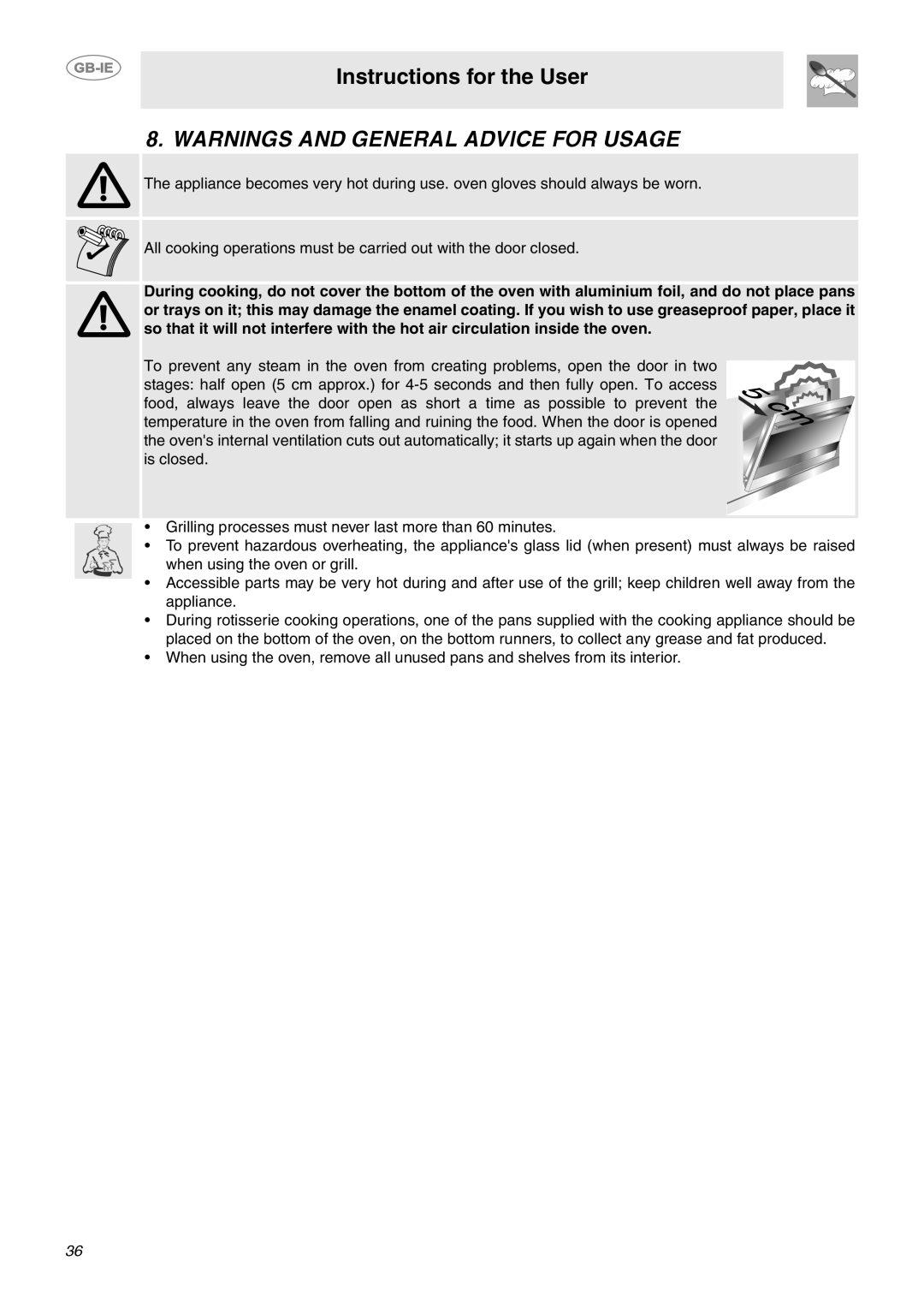 Smeg CE6IMX manual Warnings And General Advice For Usage, Instructions for the User 