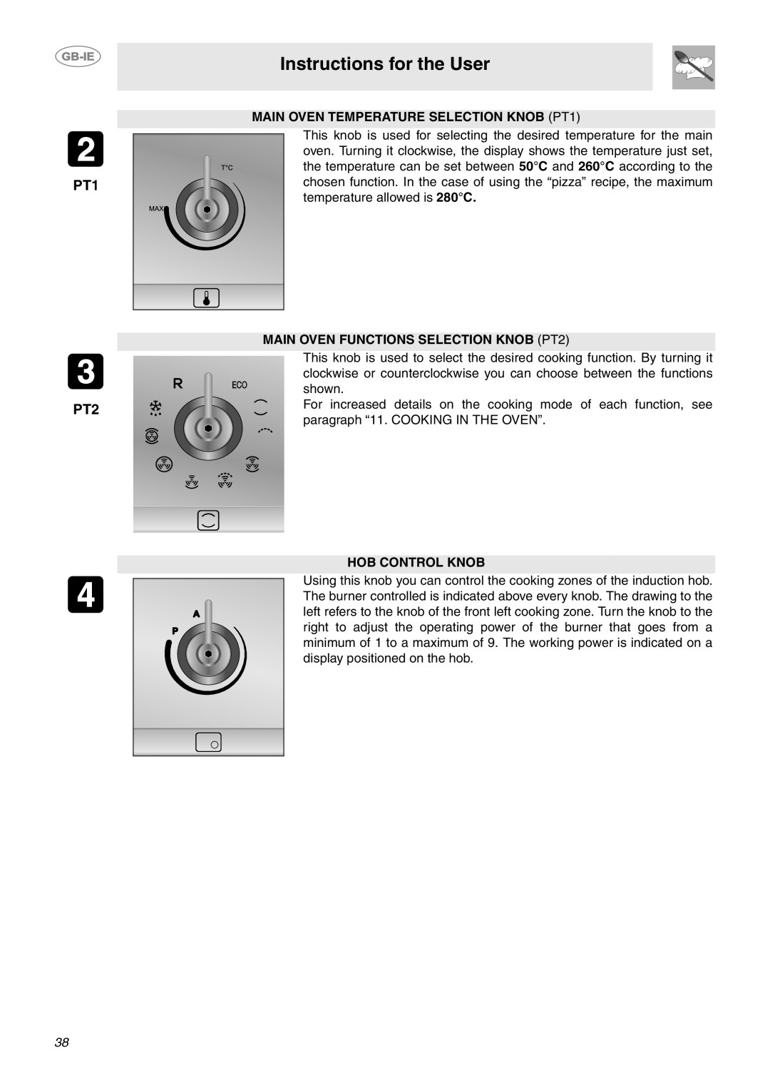Smeg CE6IMX manual Instructions for the User, PT1 PT2, MAIN OVEN TEMPERATURE SELECTION KNOB PT1, Hob Control Knob 