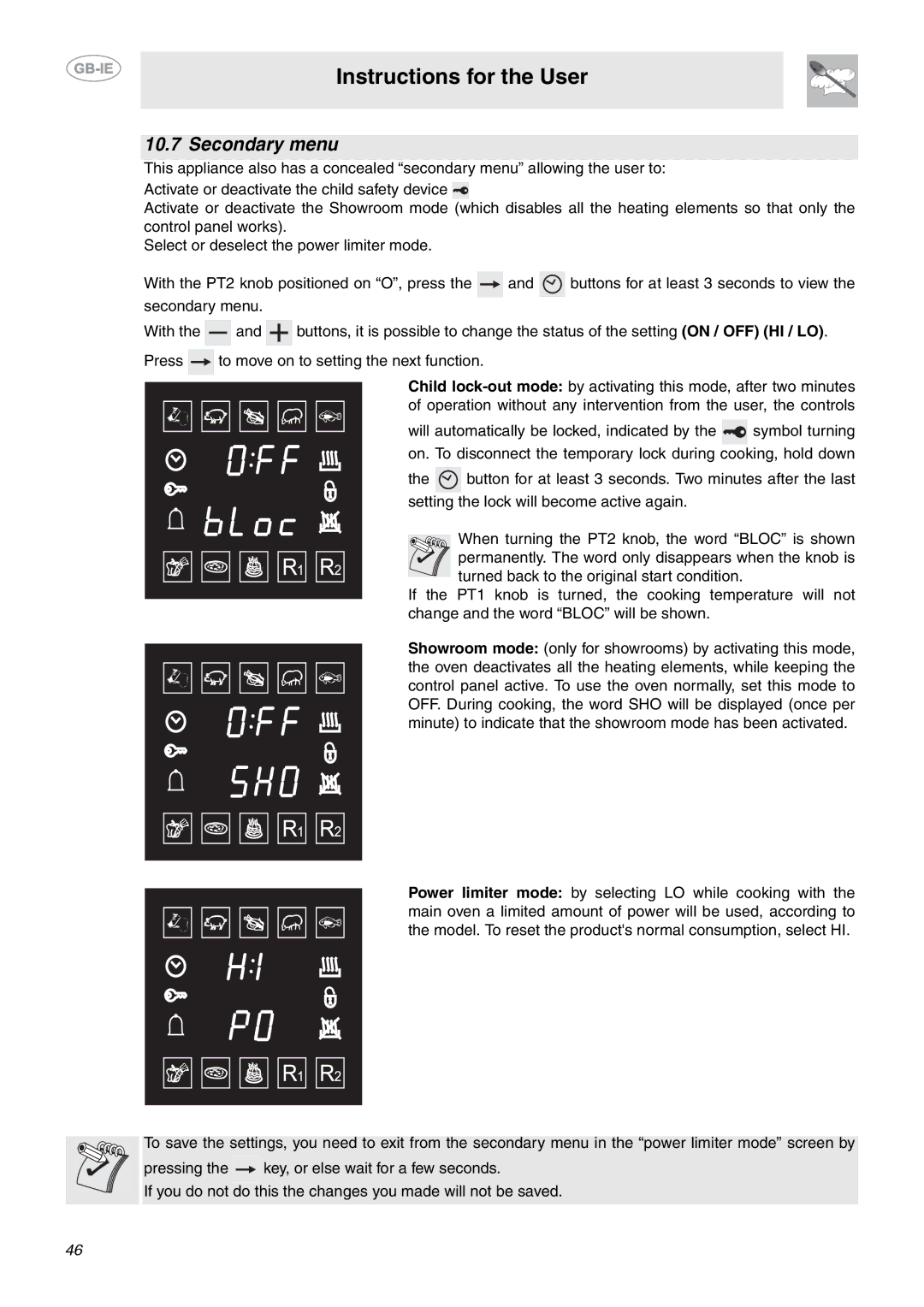 Smeg CE6IPX manual Secondary menu 