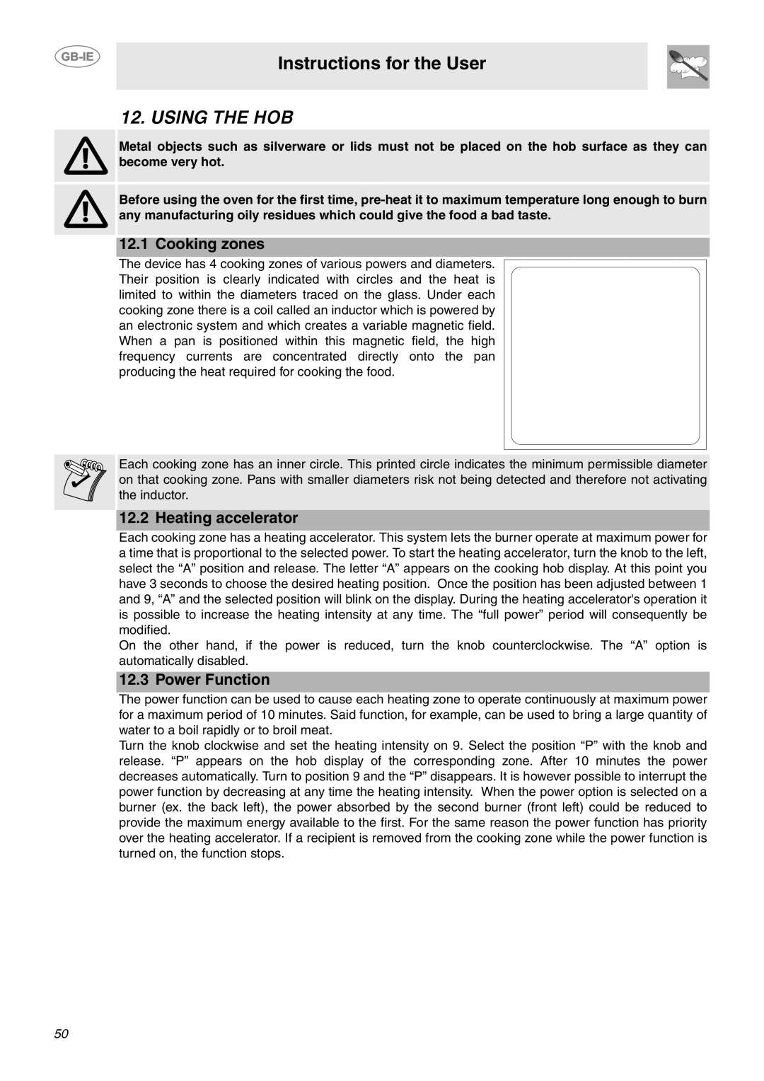 Smeg CE6IPX manual Using the HOB, Cooking zones 