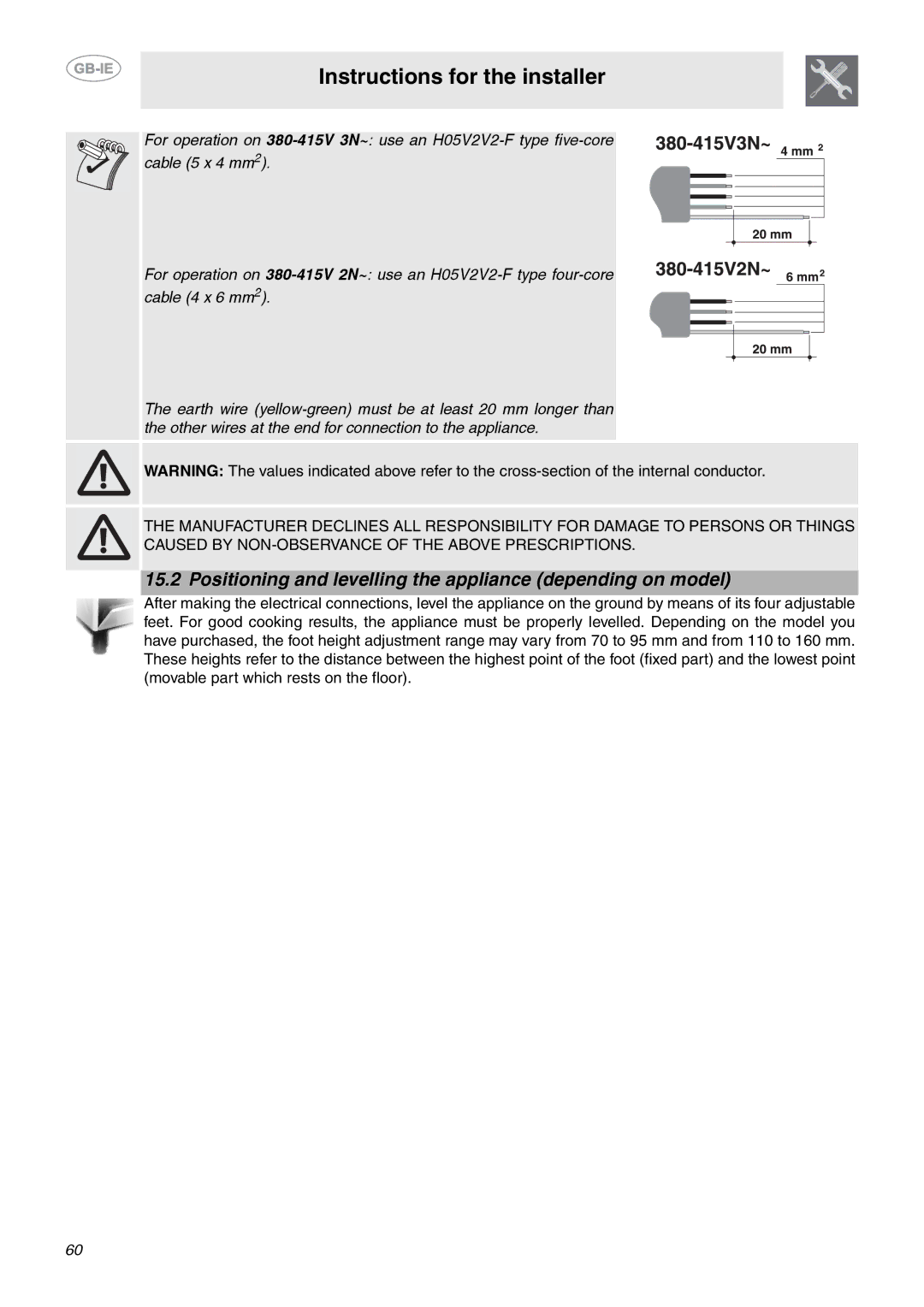 Smeg CE6IPX manual Positioning and levelling the appliance depending on model 